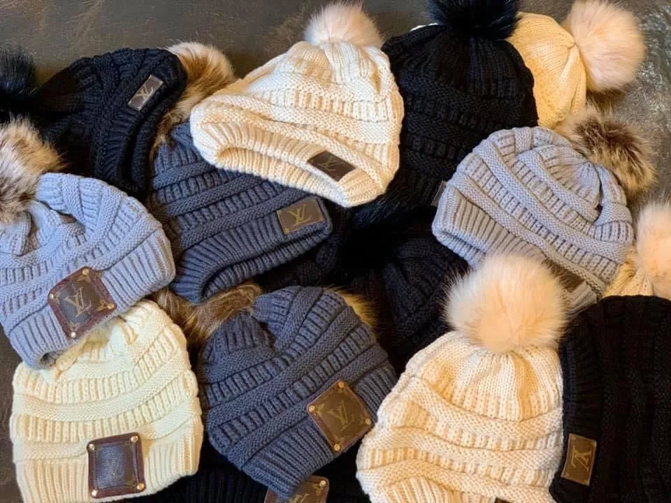 Black Beanie with LV patch and antique hardware in black