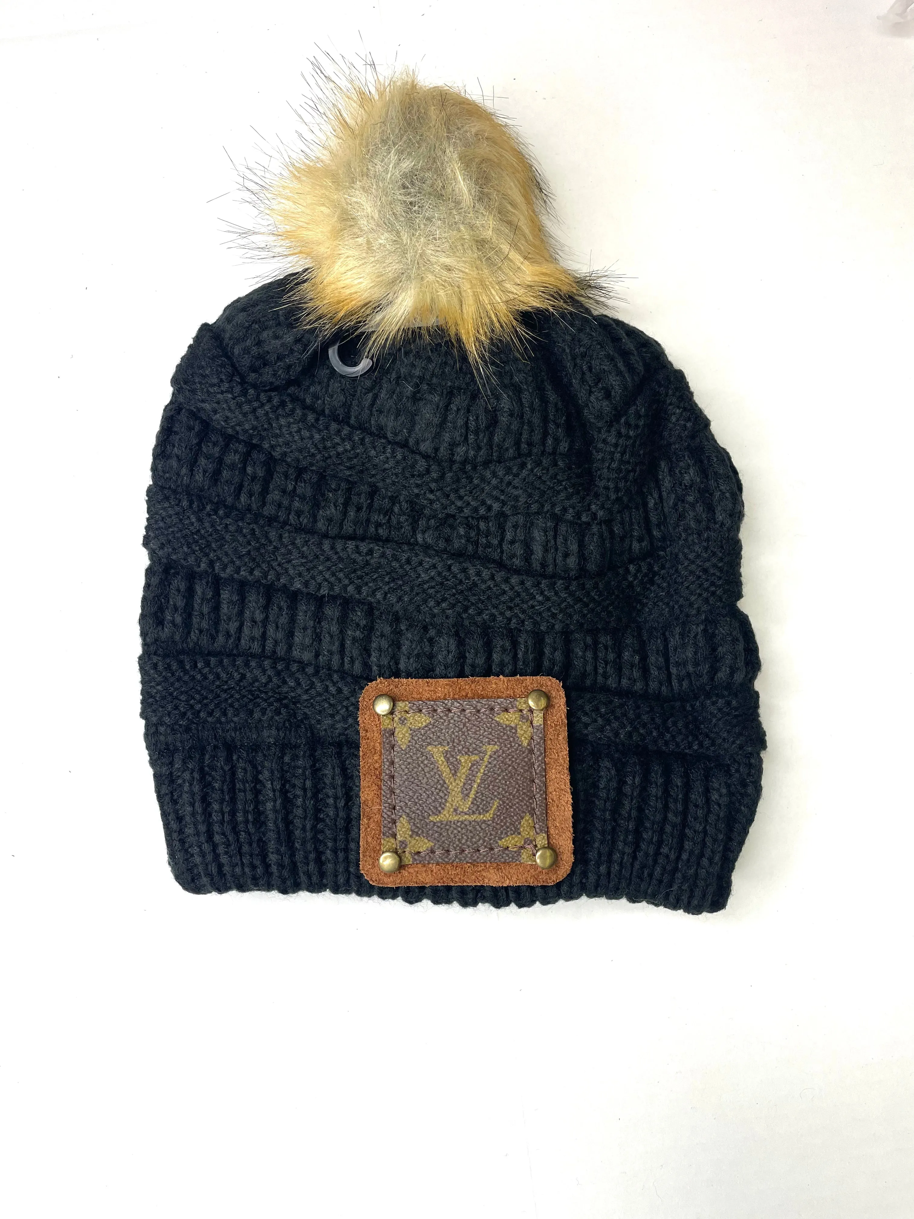 Black Beanie with LV patch and antique hardware in black