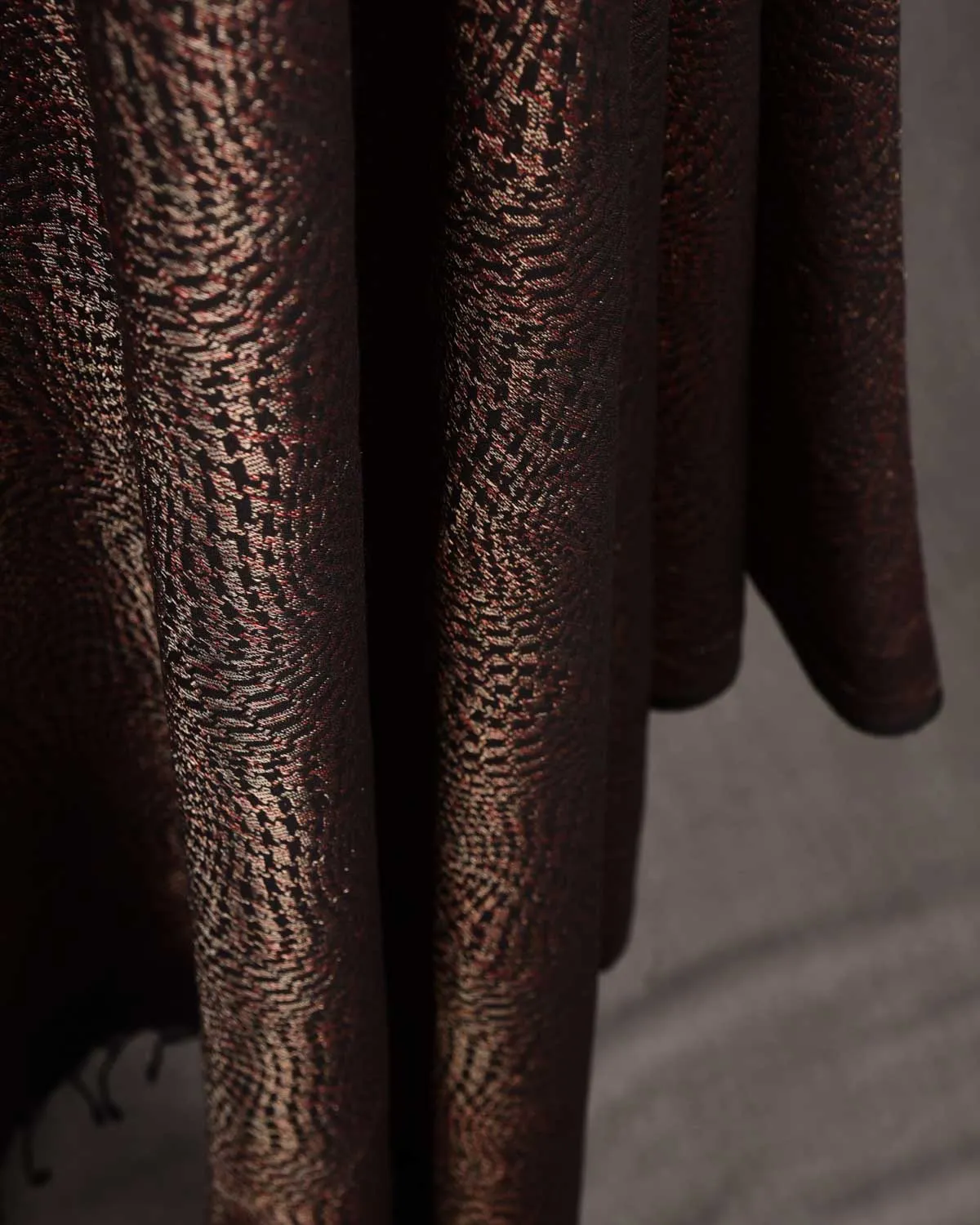 Black Maroon & Gold Zari Illusion Houndstooth Brocade Handwoven Silk Wool Unisex Dress Shawl