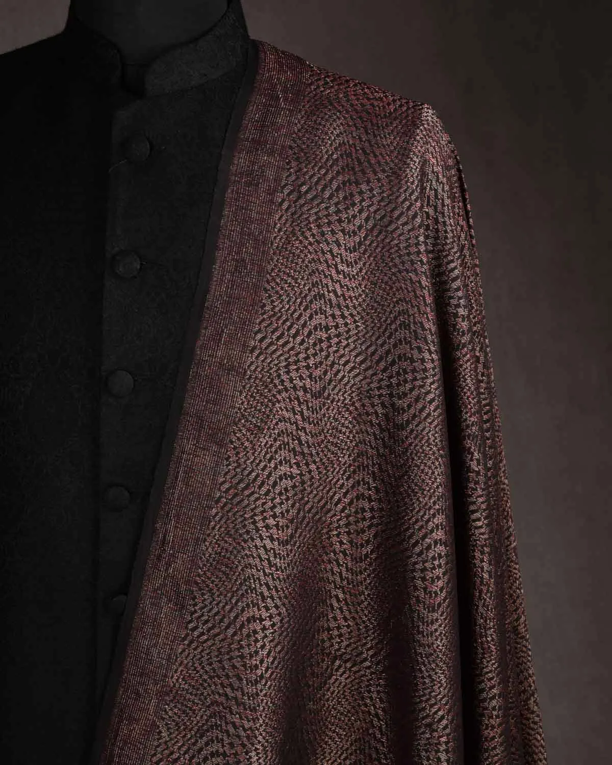 Black Maroon & Gold Zari Illusion Houndstooth Brocade Handwoven Silk Wool Unisex Dress Shawl