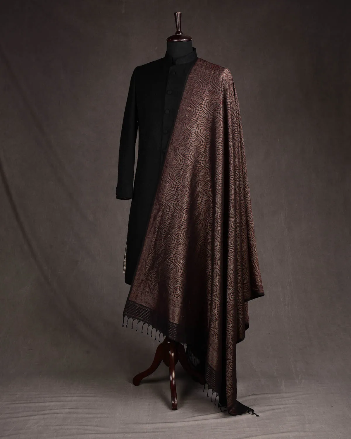 Black Maroon & Gold Zari Illusion Houndstooth Brocade Handwoven Silk Wool Unisex Dress Shawl
