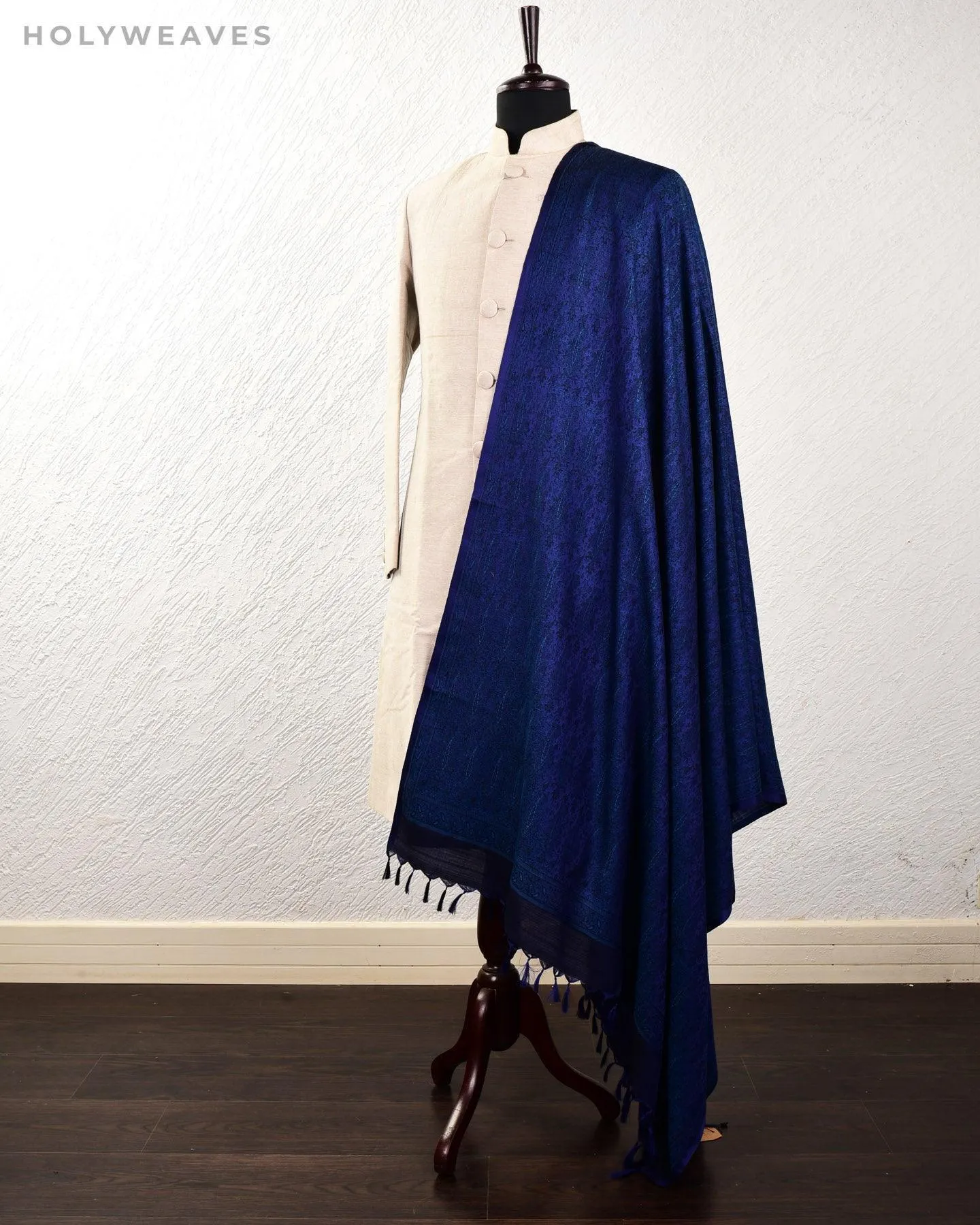 Black On Blue Banarasi Alfi Paisley Jamawar Handwoven Silk-wool Shawl