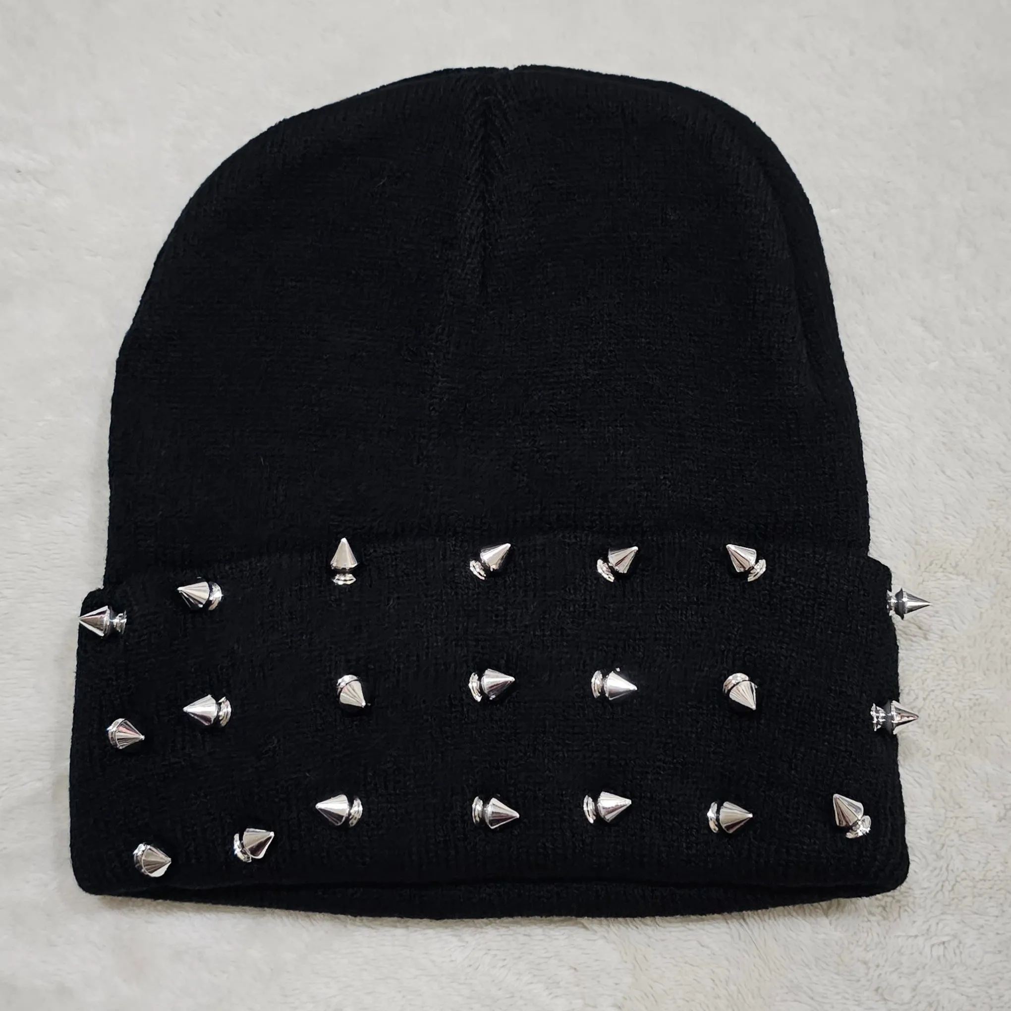 Black Ribbed Knit Beanie | Fold Over With Spiked Studs On front