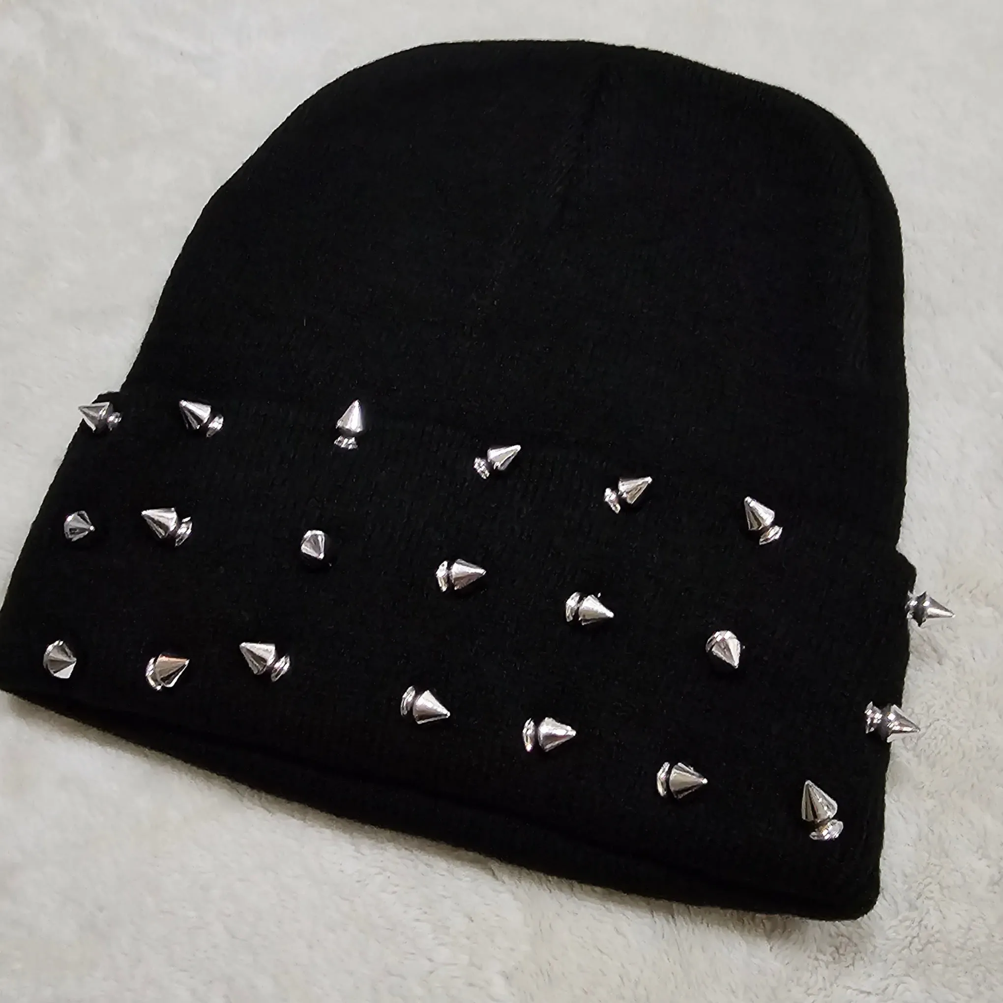 Black Ribbed Knit Beanie | Fold Over With Spiked Studs On front