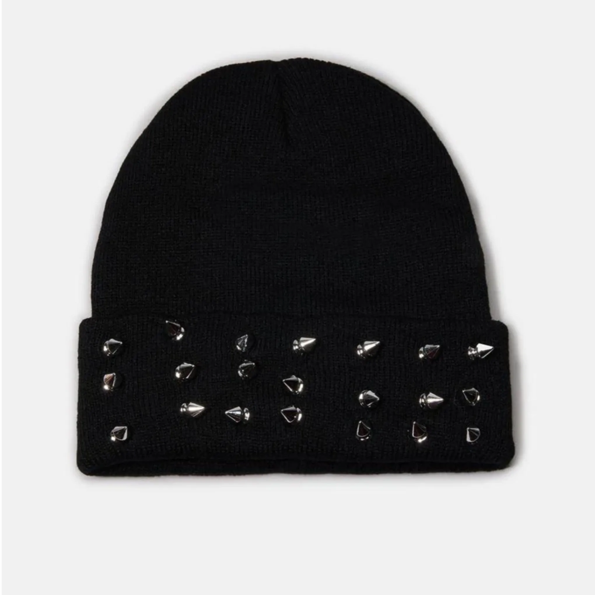 Black Ribbed Knit Beanie | Fold Over With Spiked Studs On front
