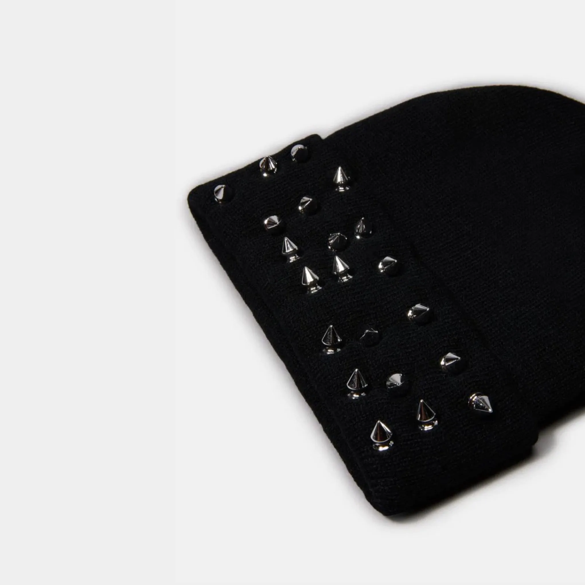 Black Ribbed Knit Beanie | Fold Over With Spiked Studs On front