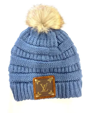 Blue Jean Beanie with brown patch antique hardware