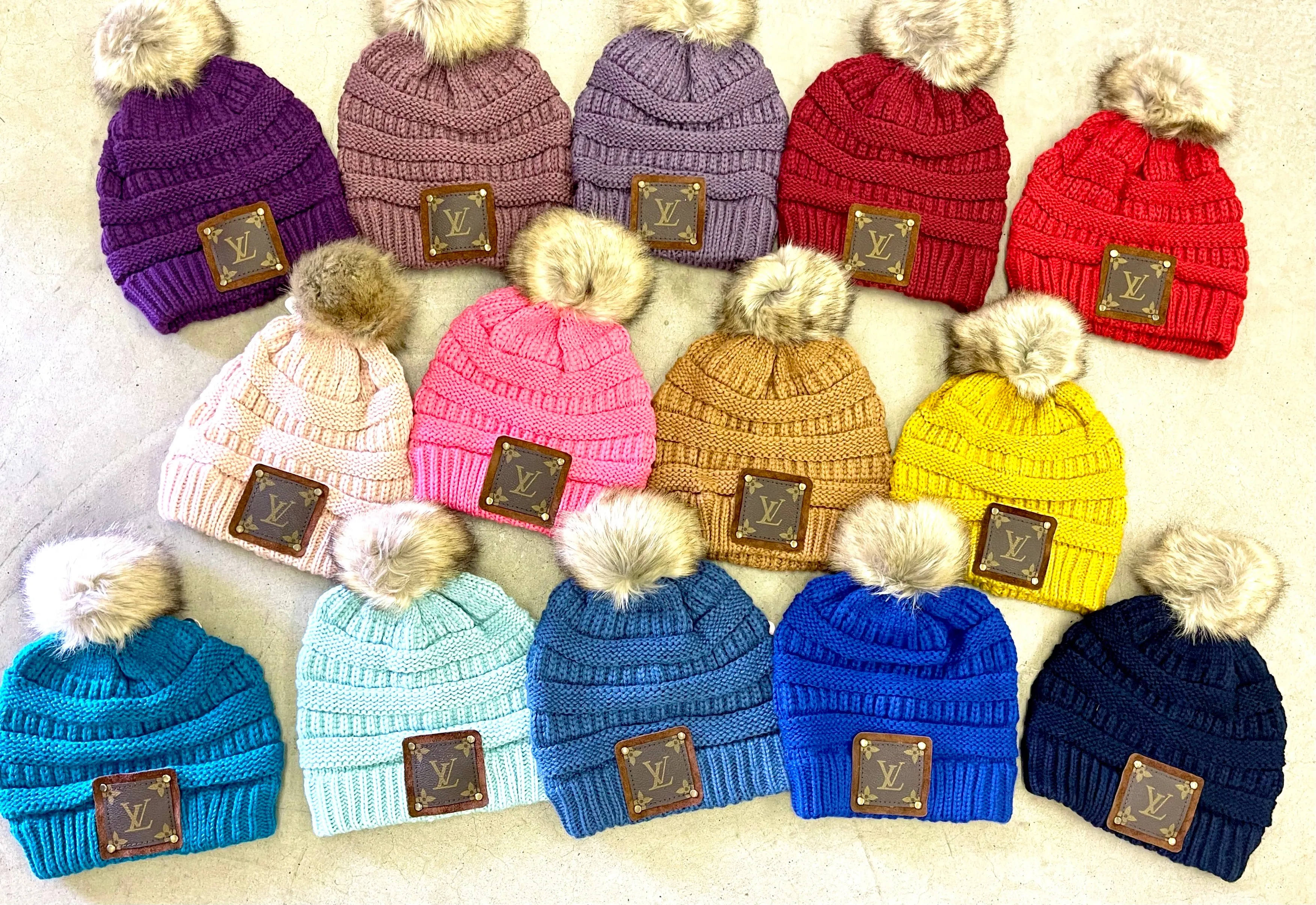 Blue Jean Beanie with brown patch antique hardware