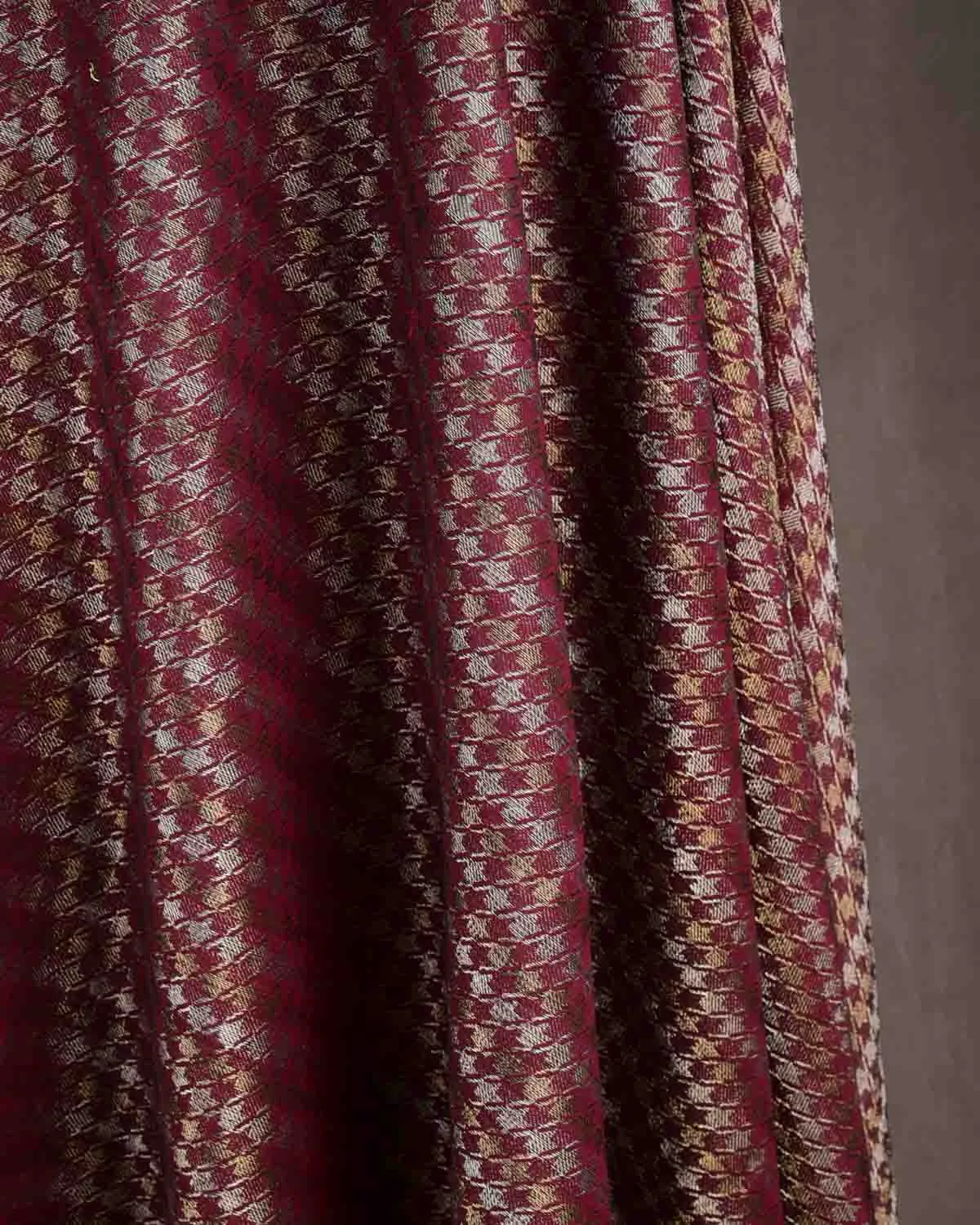 Burgundy Gold & Silver Zari Houndstooth Brocade Handwoven Silk Wool Dress Shawl