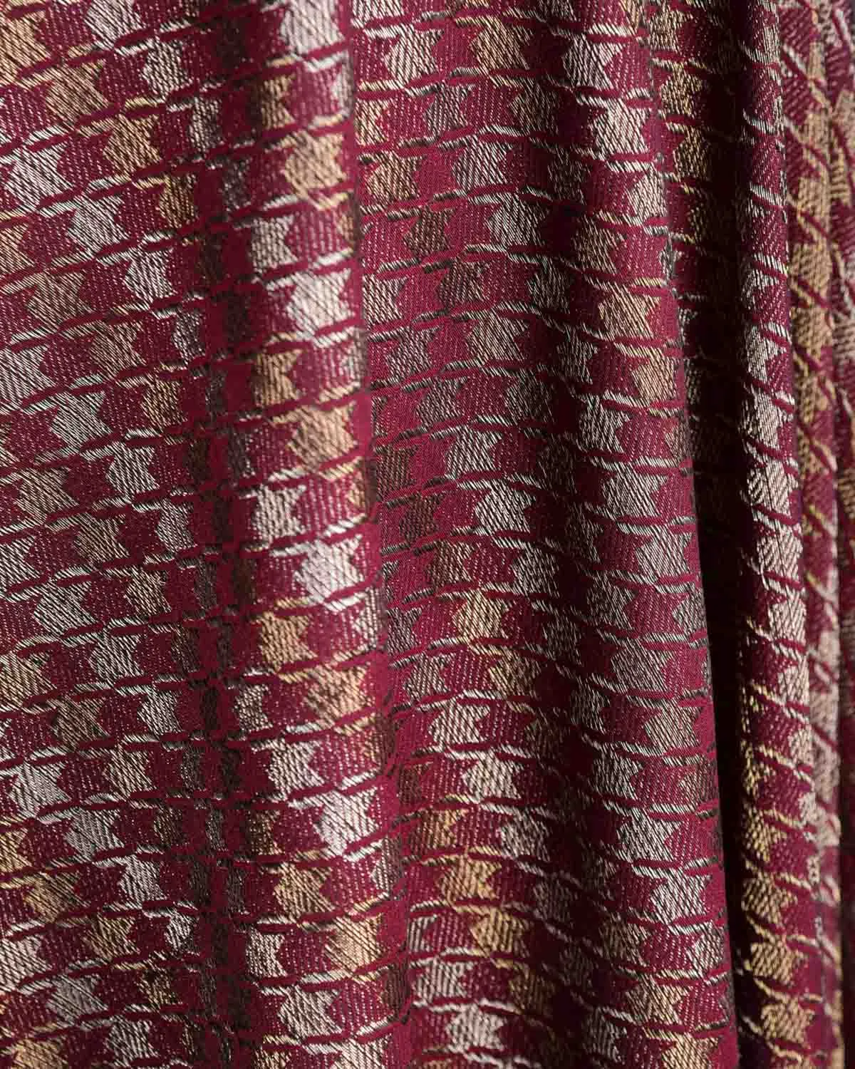 Burgundy Gold & Silver Zari Houndstooth Brocade Handwoven Silk Wool Dress Shawl
