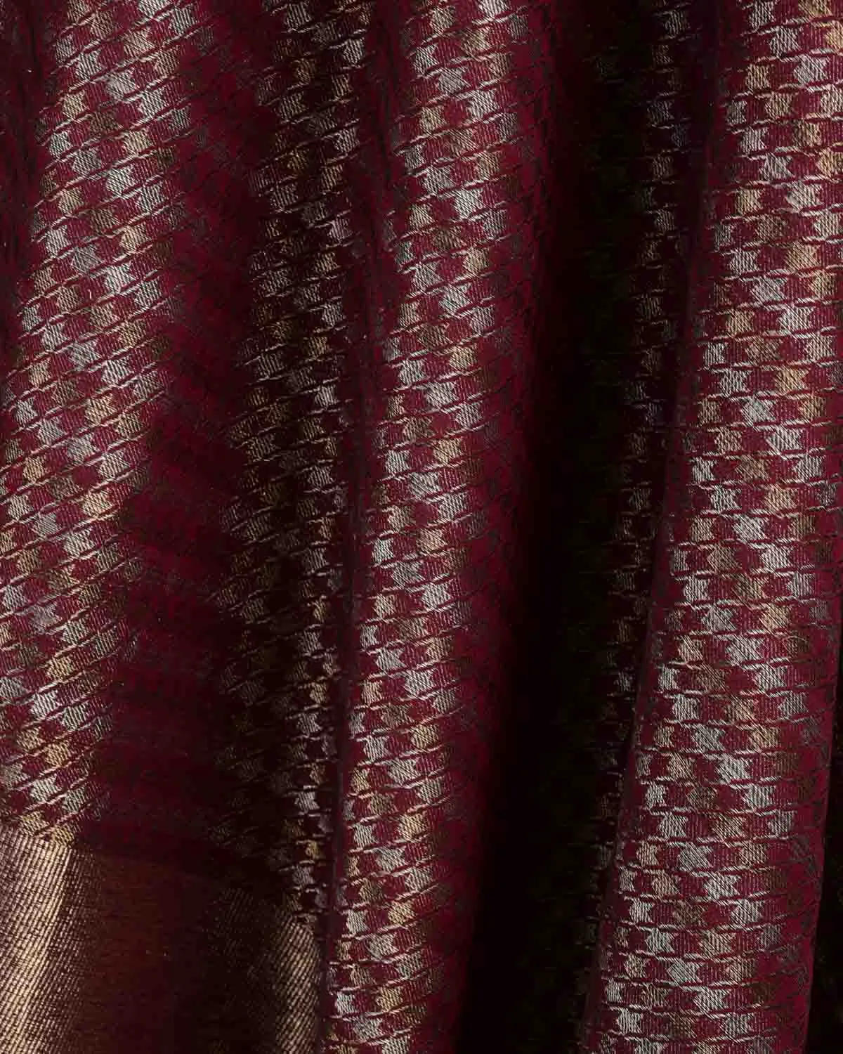 Burgundy Gold & Silver Zari Houndstooth Brocade Handwoven Silk Wool Dress Shawl