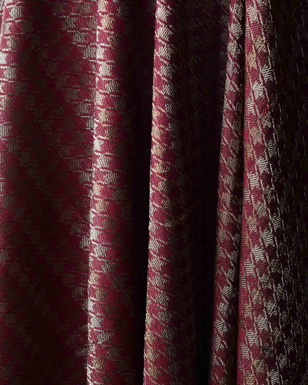 Burgundy Gold & Silver Zari Houndstooth Brocade Handwoven Silk Wool Dress Shawl