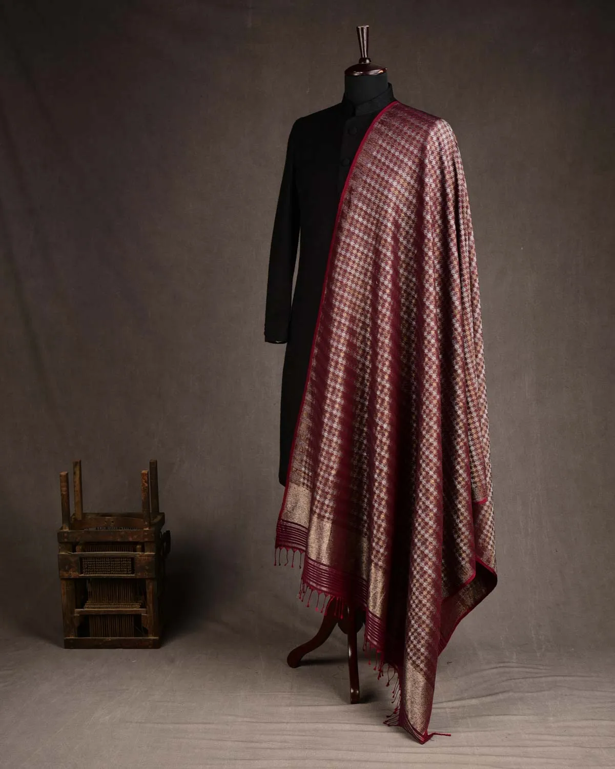 Burgundy Gold & Silver Zari Houndstooth Brocade Handwoven Silk Wool Dress Shawl