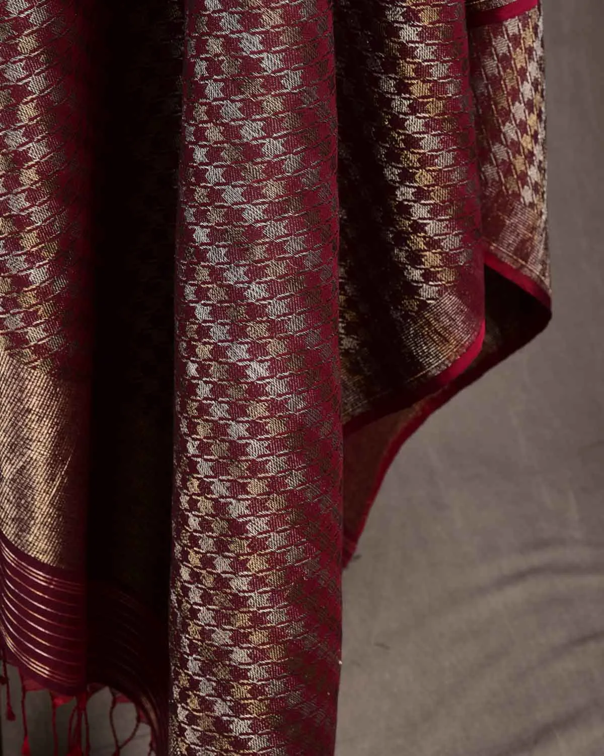 Burgundy Gold & Silver Zari Houndstooth Brocade Handwoven Silk Wool Dress Shawl