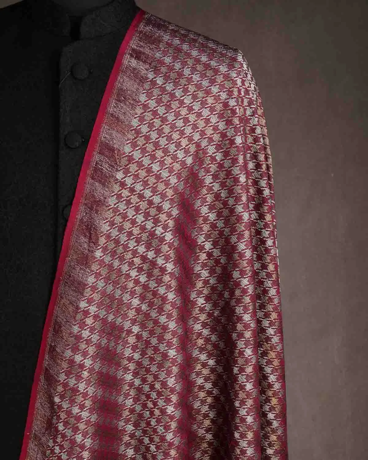 Burgundy Gold & Silver Zari Houndstooth Brocade Handwoven Silk Wool Dress Shawl