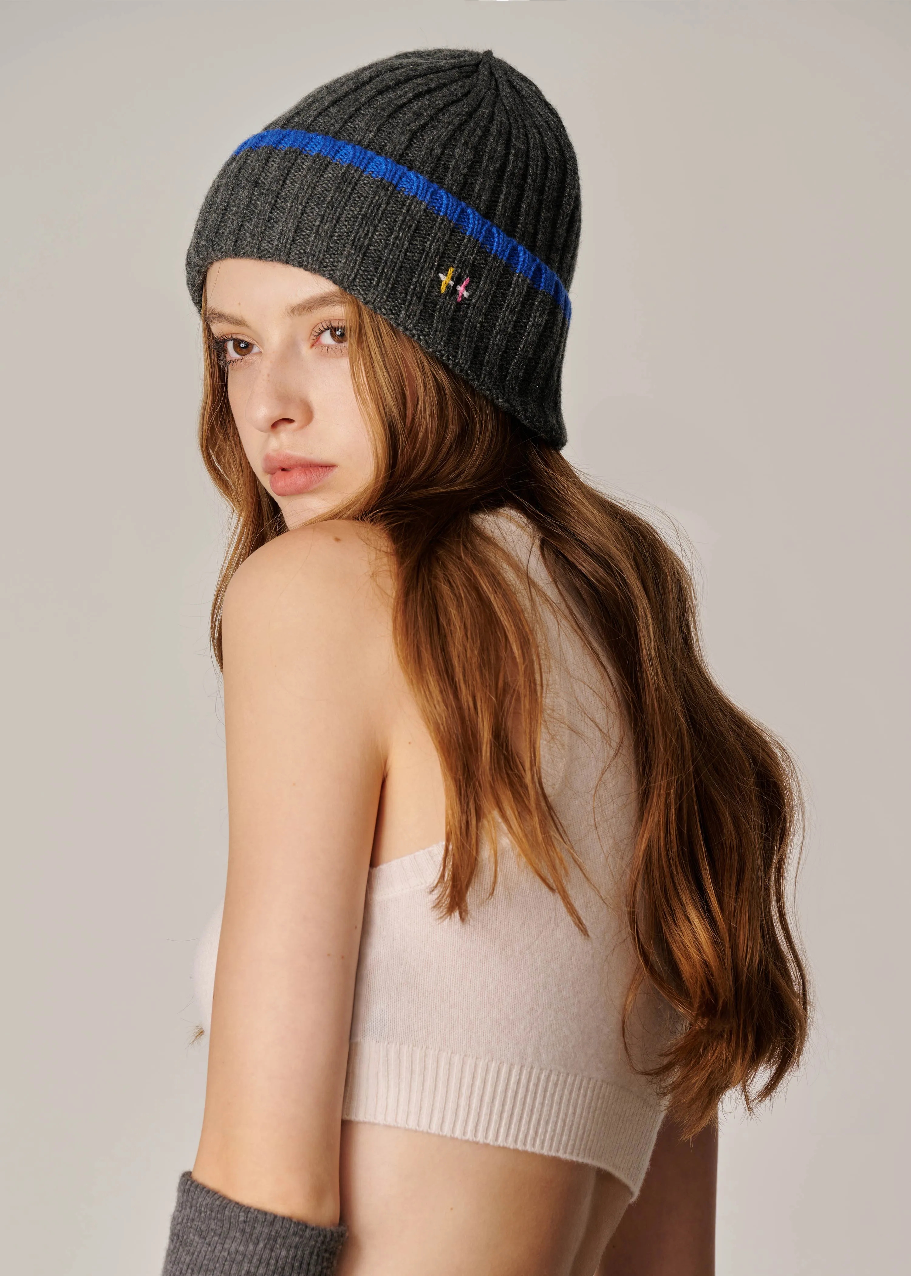Cashmere Rib Knit Beanie - Charcoal with Blue Stripe