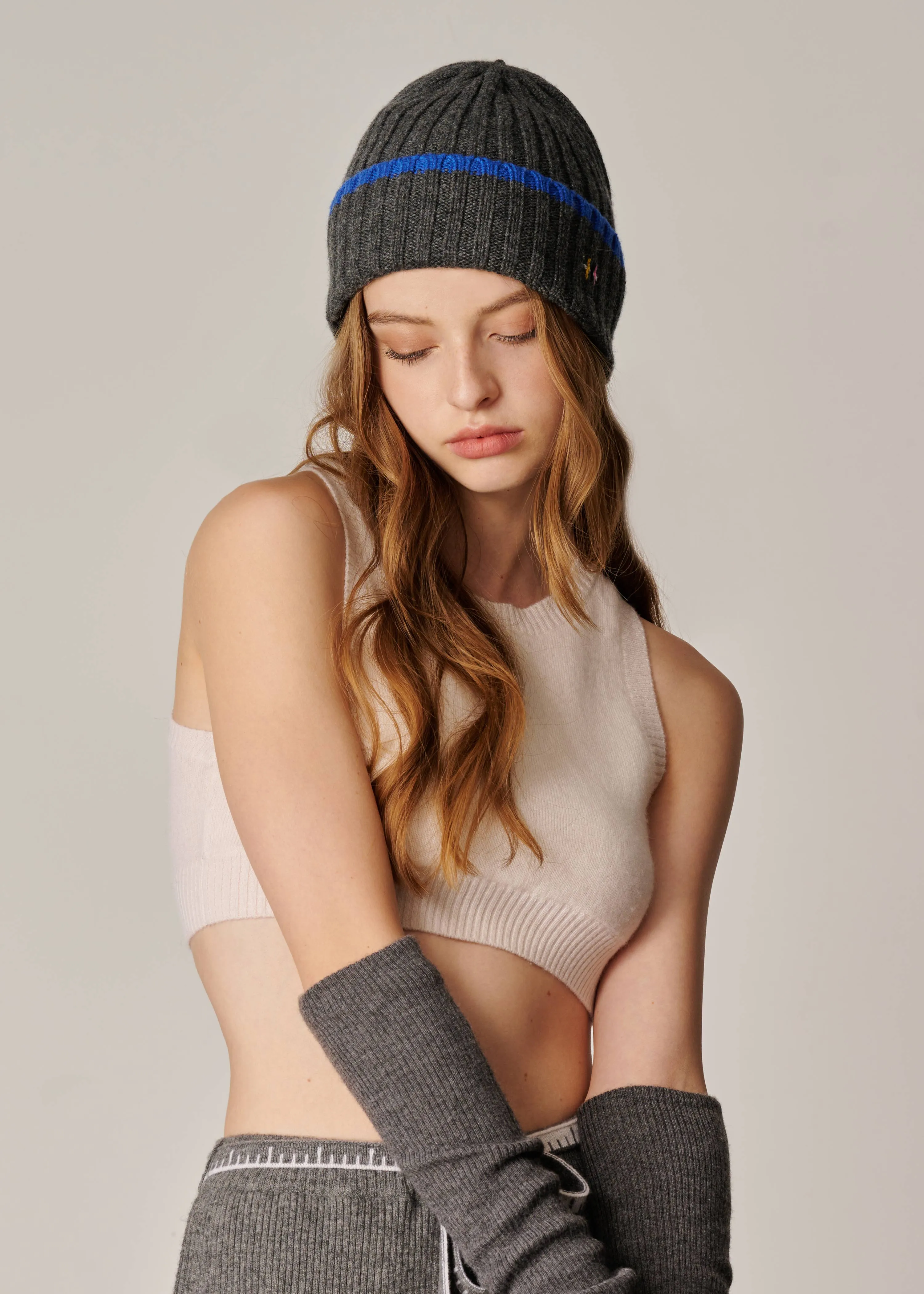Cashmere Rib Knit Beanie - Charcoal with Blue Stripe