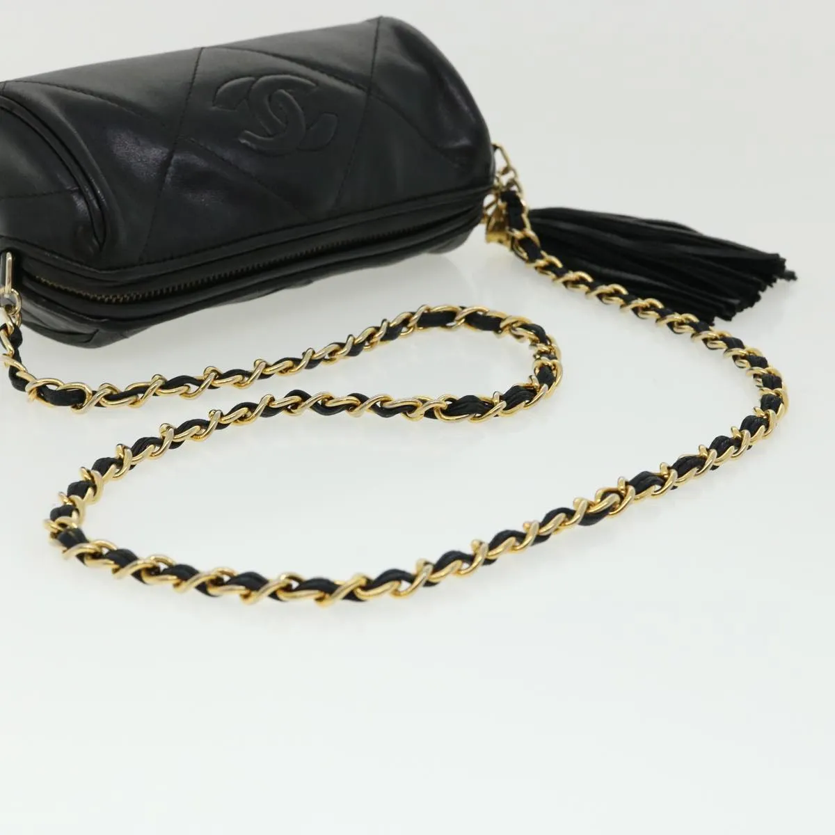 CHANEL COCO Mark FringeChain Shoulder Bag Lamb Skin Black CC Auth knn088