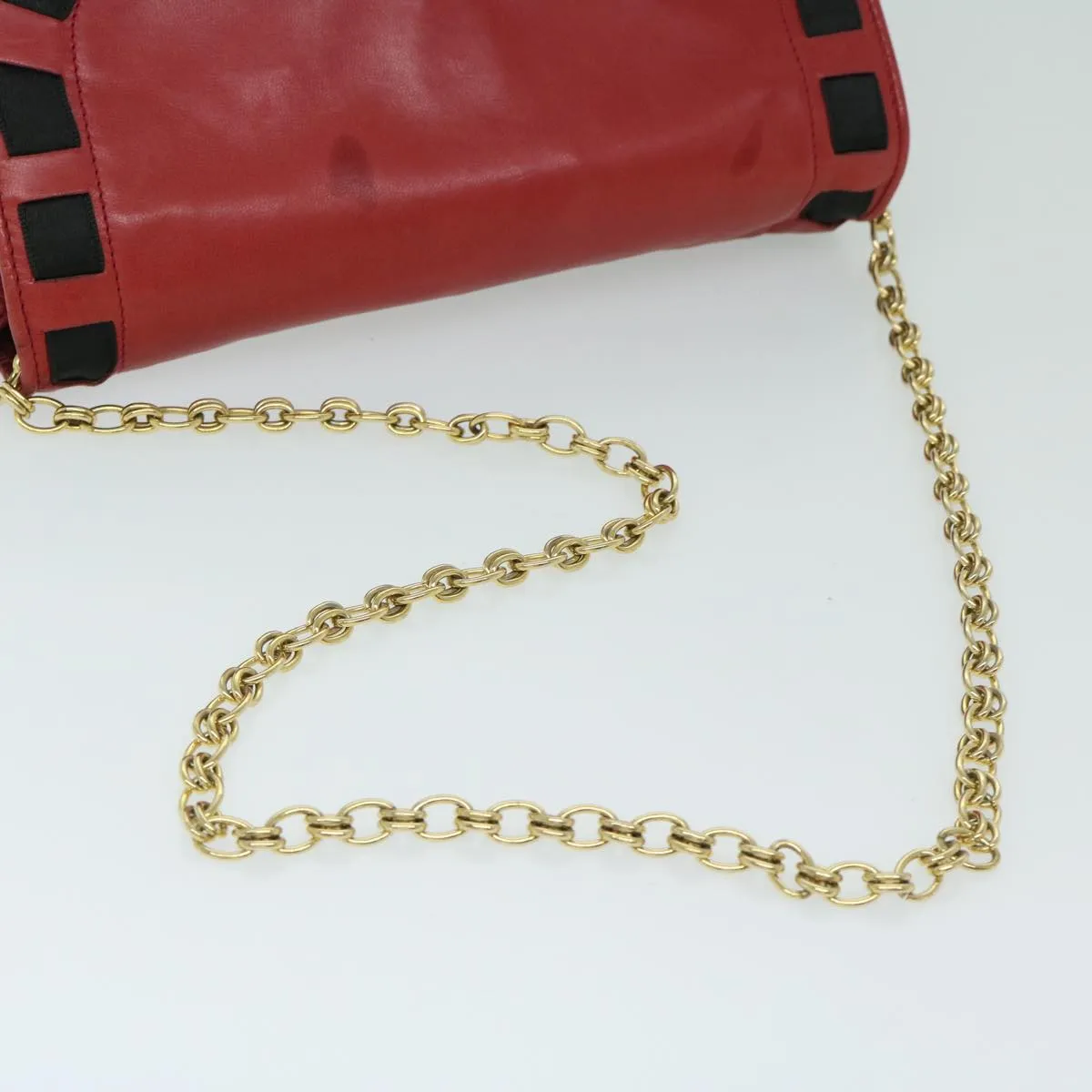 CHANEL COCO Mark Ribbon Chain Shoulder Bag Lamb Skin Red CC Auth yk10943
