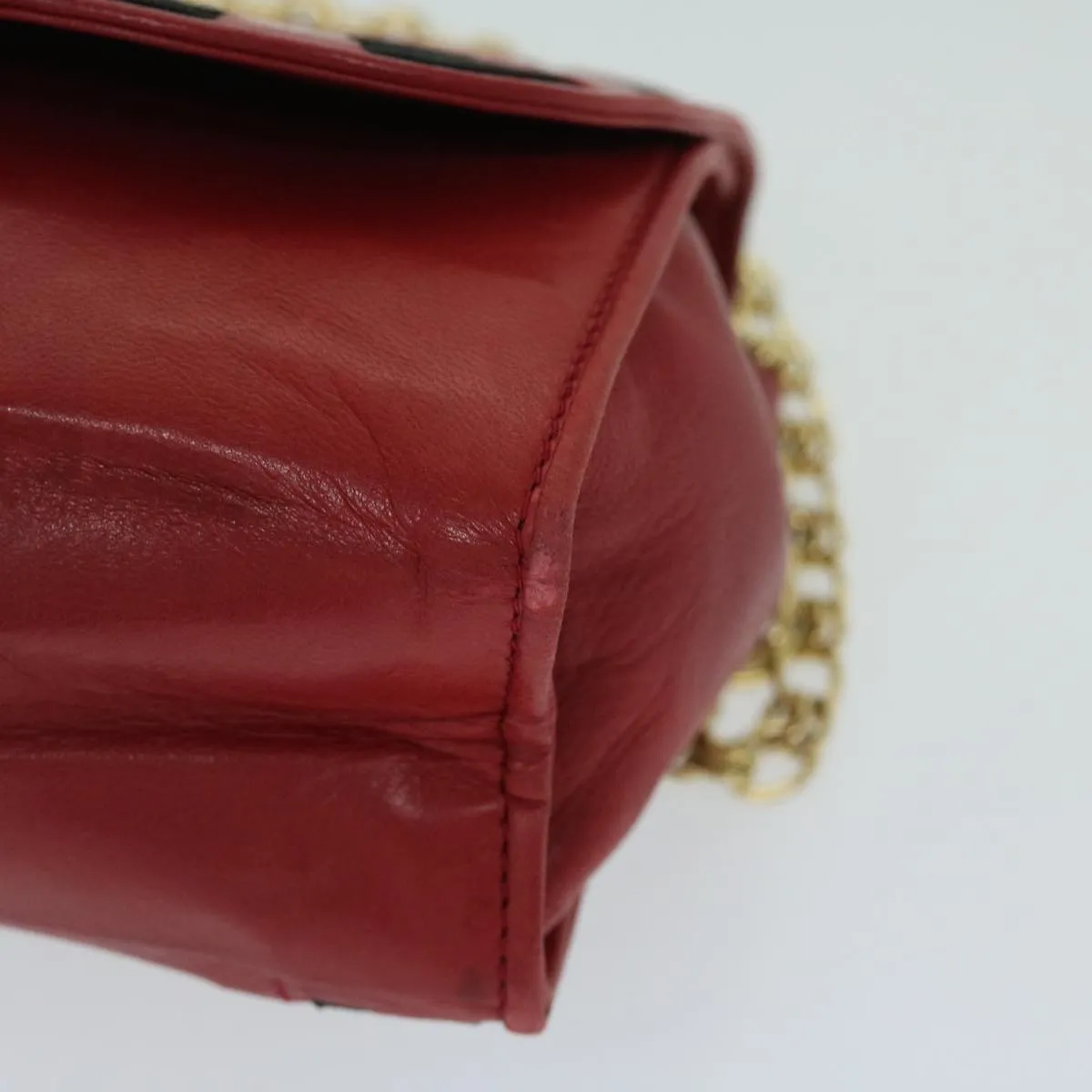 CHANEL COCO Mark Ribbon Chain Shoulder Bag Lamb Skin Red CC Auth yk10943