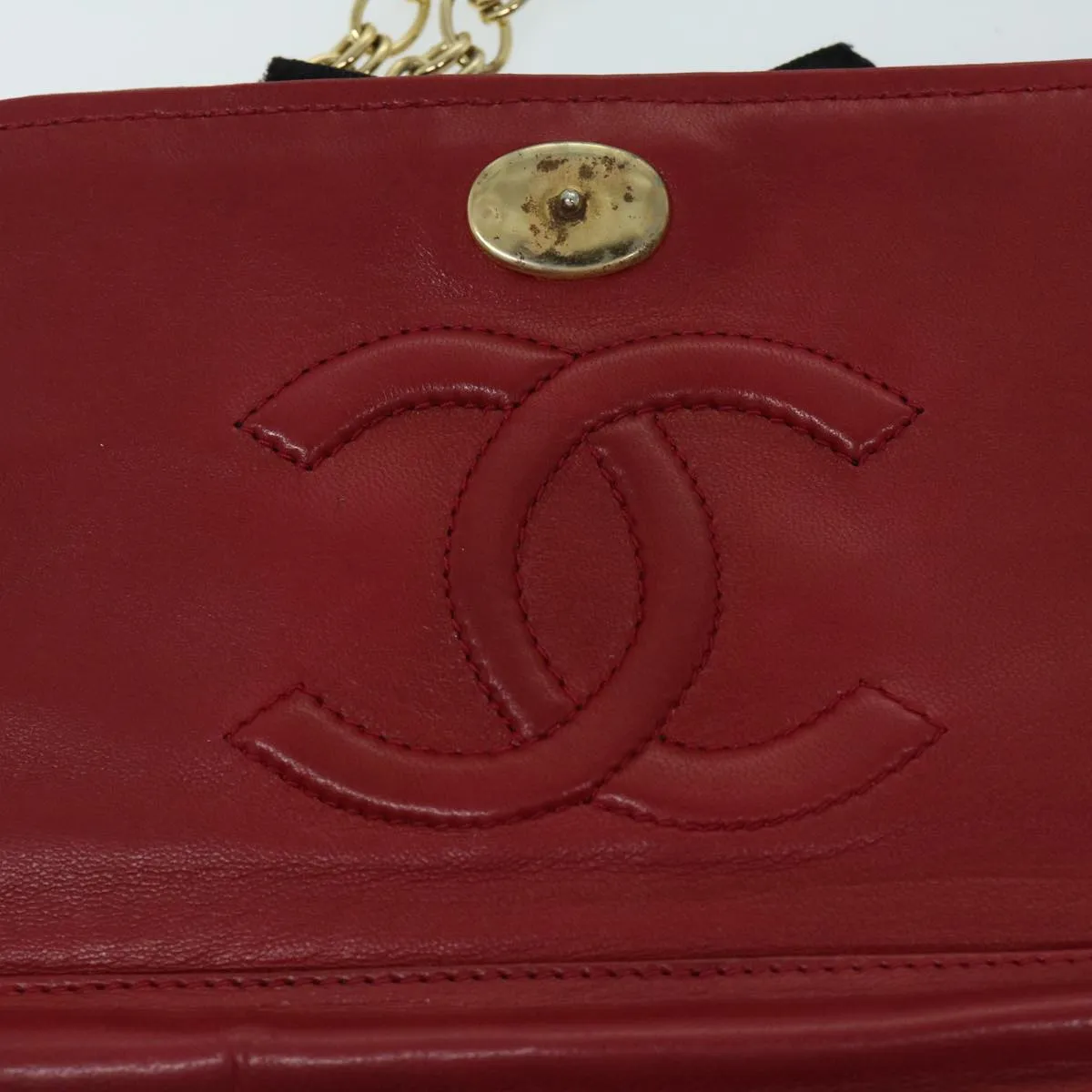 CHANEL COCO Mark Ribbon Chain Shoulder Bag Lamb Skin Red CC Auth yk10943