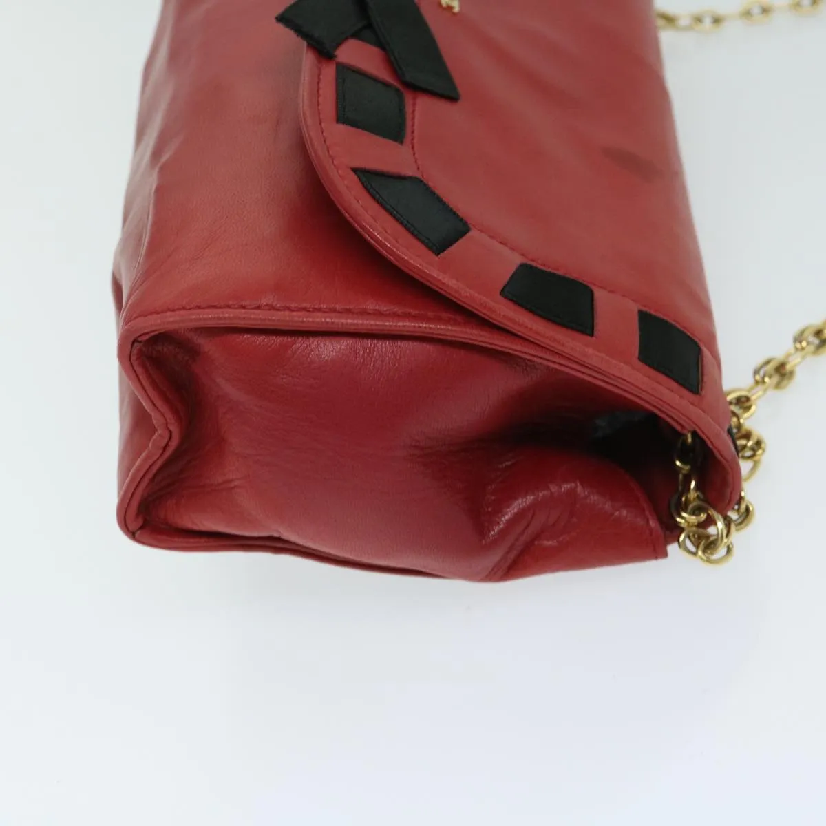 CHANEL COCO Mark Ribbon Chain Shoulder Bag Lamb Skin Red CC Auth yk10943