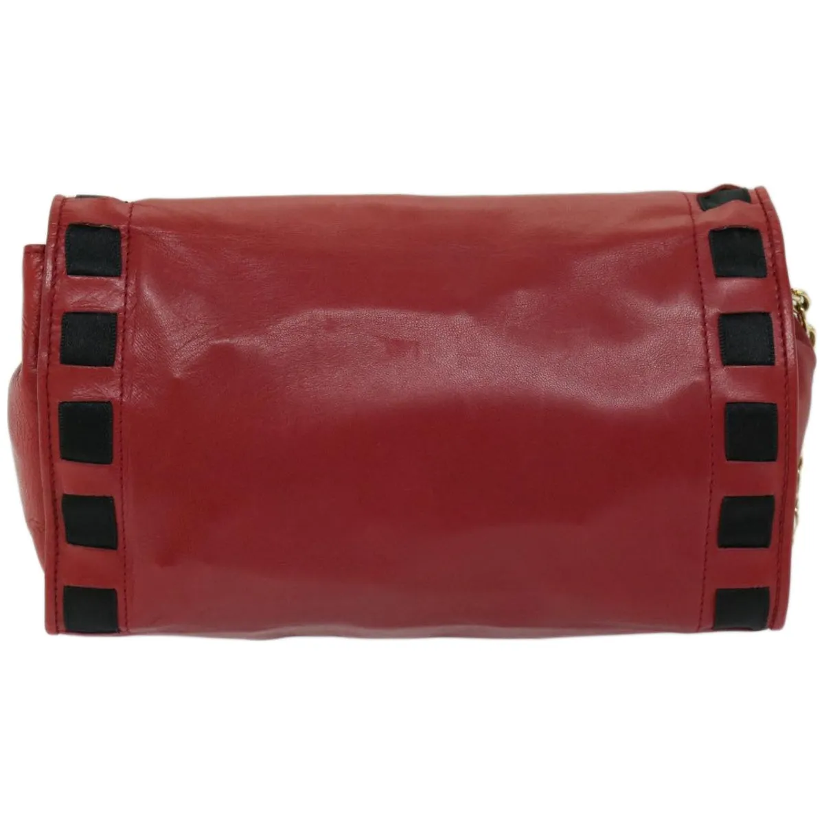 CHANEL COCO Mark Ribbon Chain Shoulder Bag Lamb Skin Red CC Auth yk10943