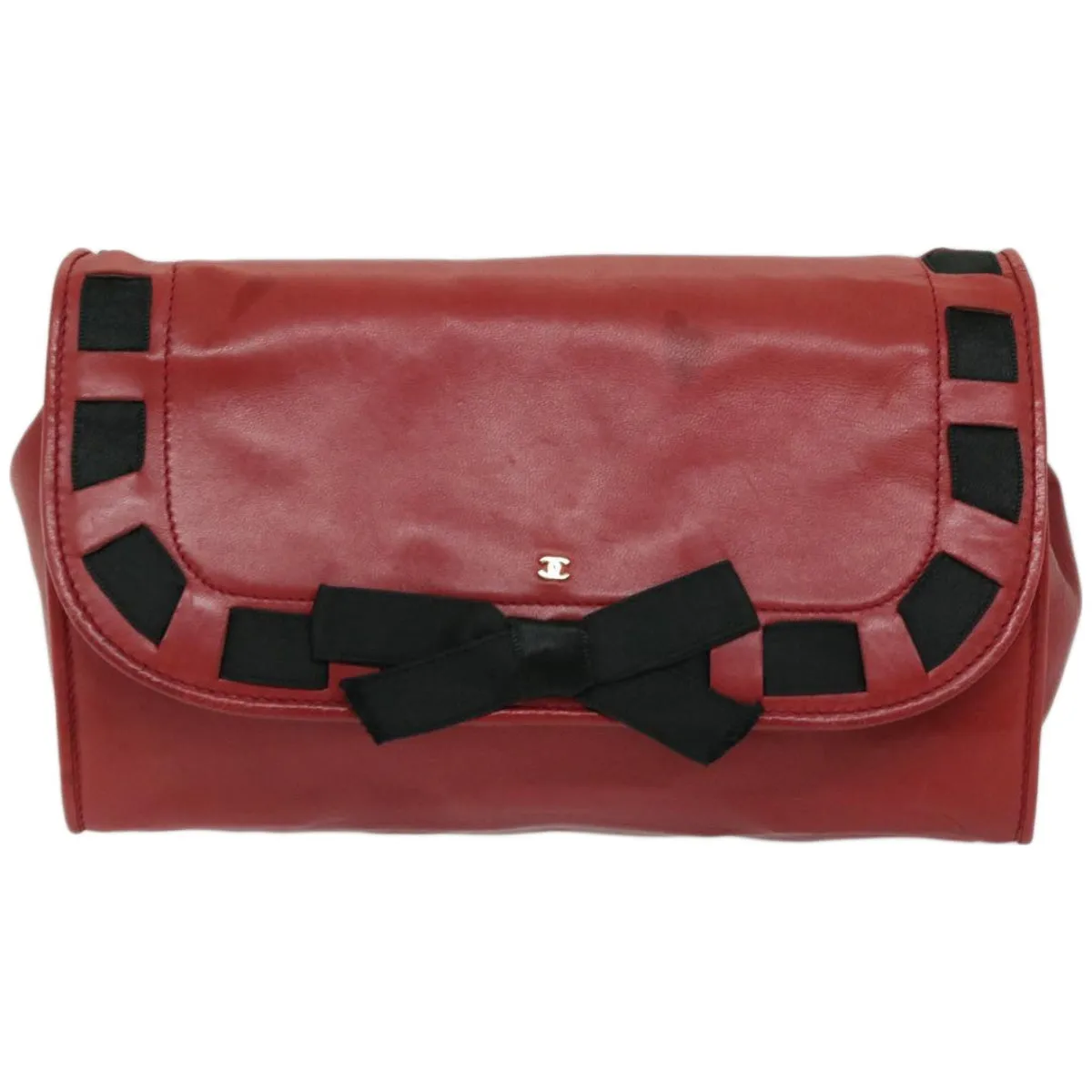 CHANEL COCO Mark Ribbon Chain Shoulder Bag Lamb Skin Red CC Auth yk10943