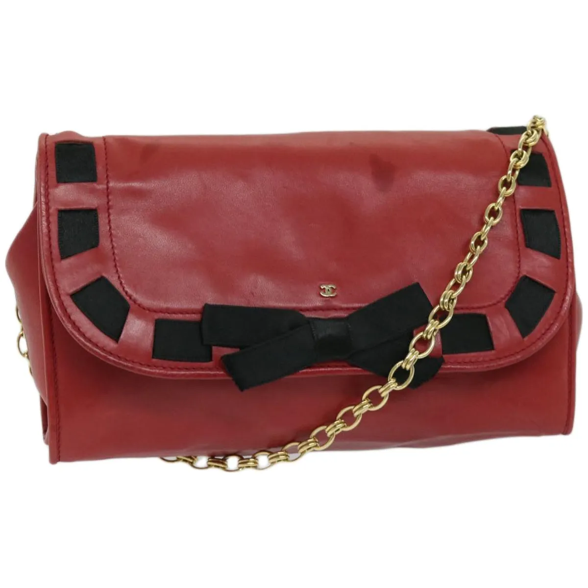 CHANEL COCO Mark Ribbon Chain Shoulder Bag Lamb Skin Red CC Auth yk10943