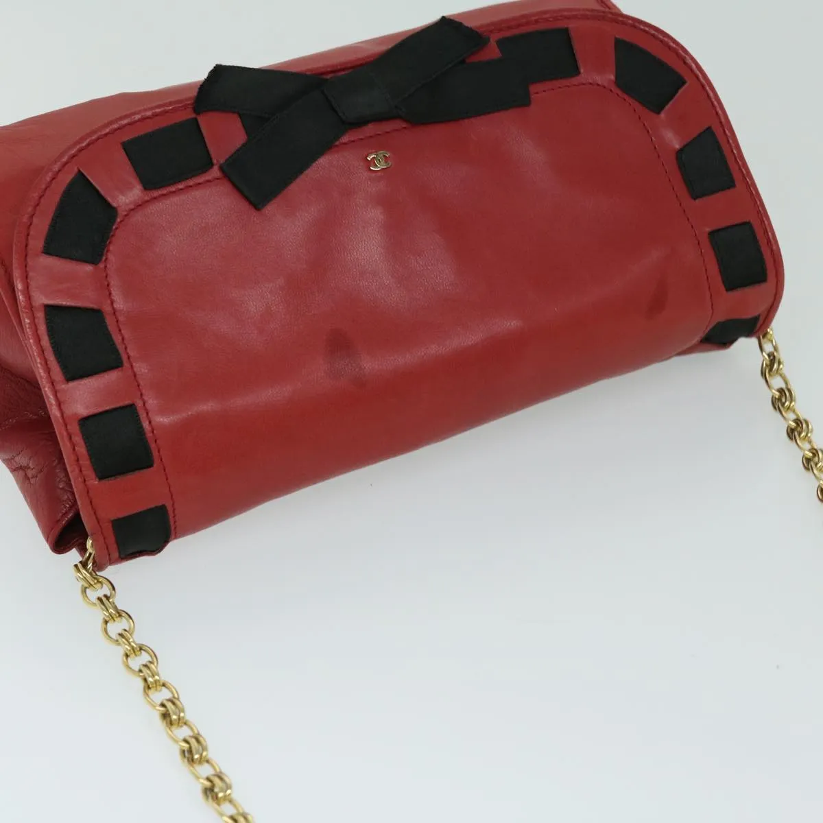 CHANEL COCO Mark Ribbon Chain Shoulder Bag Lamb Skin Red CC Auth yk10943