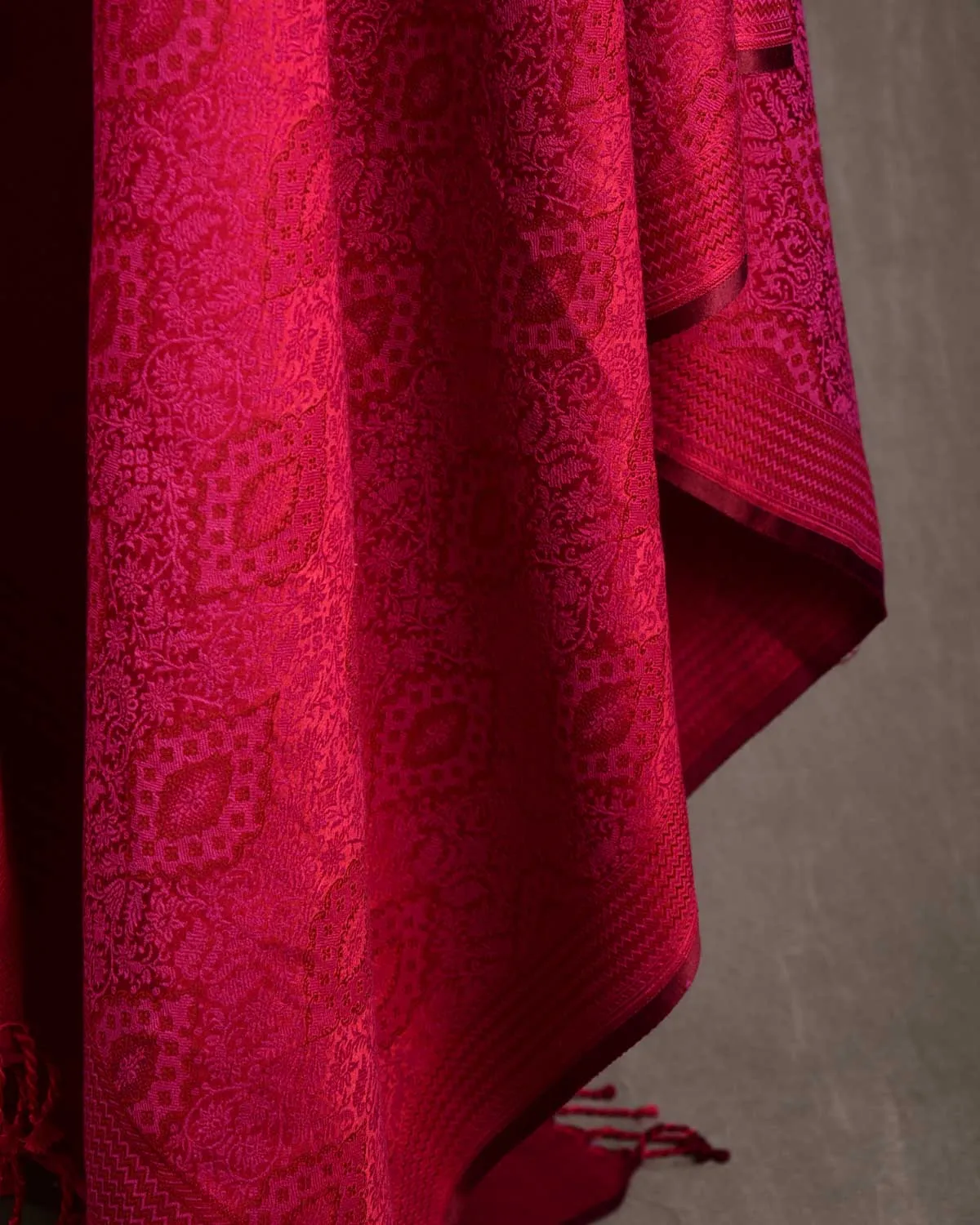 Magenta Damask Tanchoi Handwoven Silk Wool Unisex Dress Shawl
