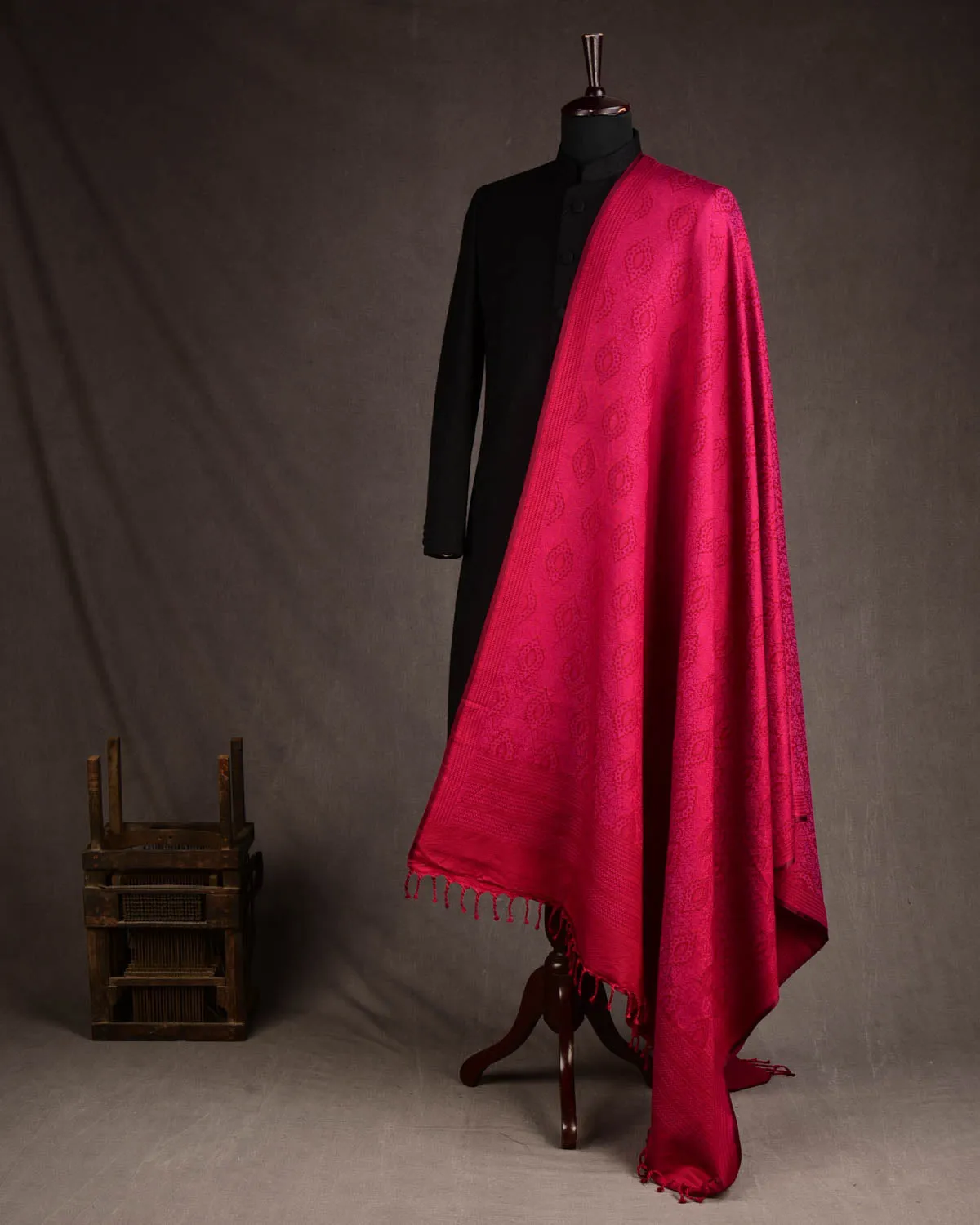 Magenta Damask Tanchoi Handwoven Silk Wool Unisex Dress Shawl