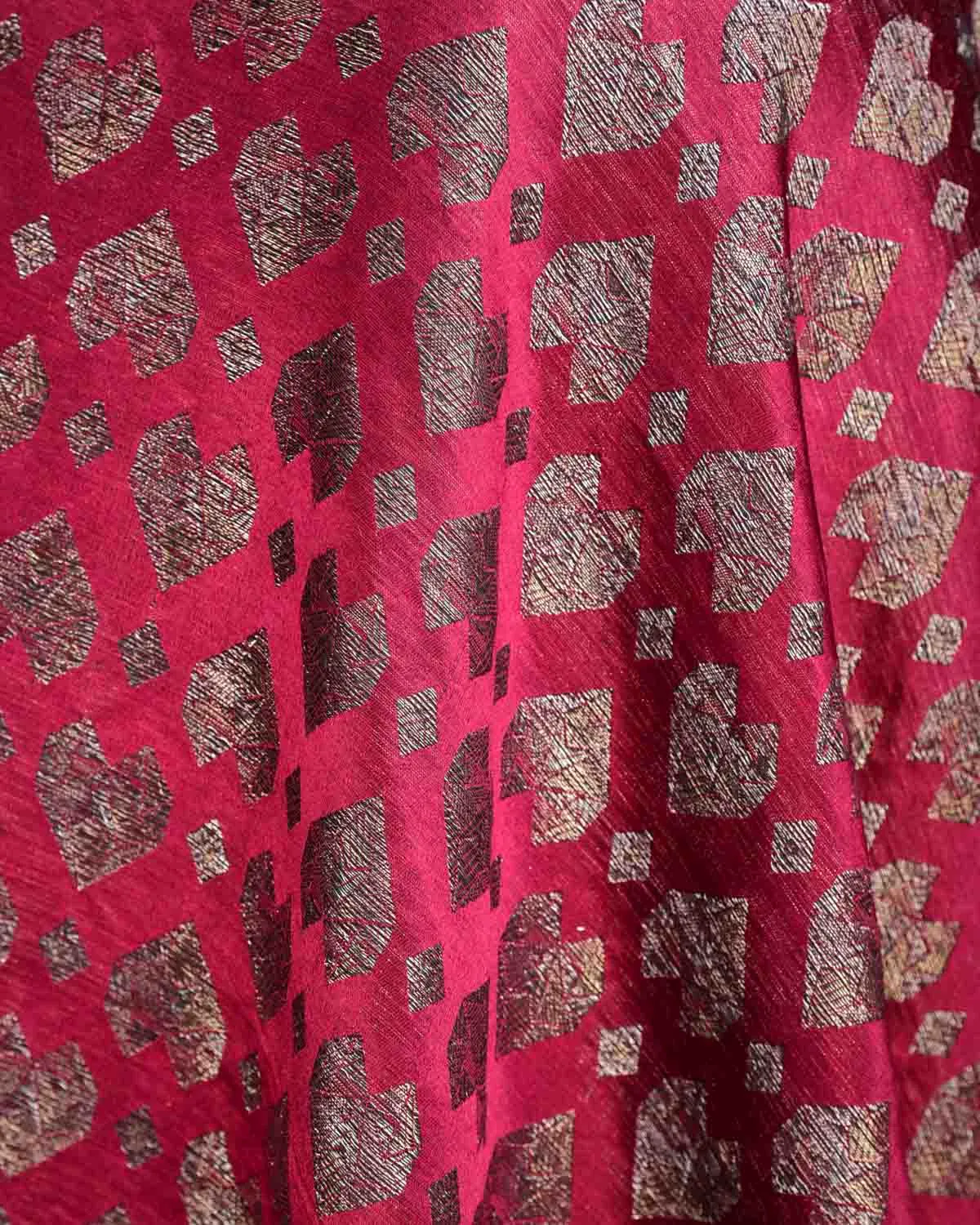 Magenta Gold & Silver Zari Diamond Hearts Satin Brocade Handwoven Silk Wool Unisex Dress Shawl