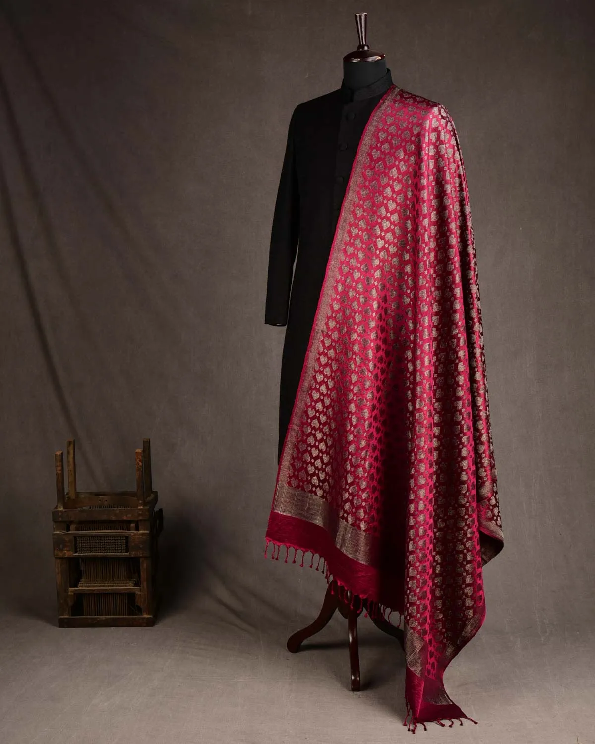 Magenta Gold & Silver Zari Diamond Hearts Satin Brocade Handwoven Silk Wool Unisex Dress Shawl
