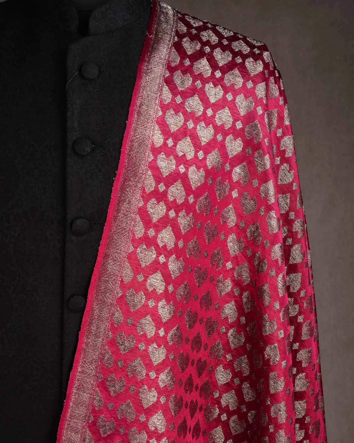 Magenta Gold & Silver Zari Diamond Hearts Satin Brocade Handwoven Silk Wool Unisex Dress Shawl
