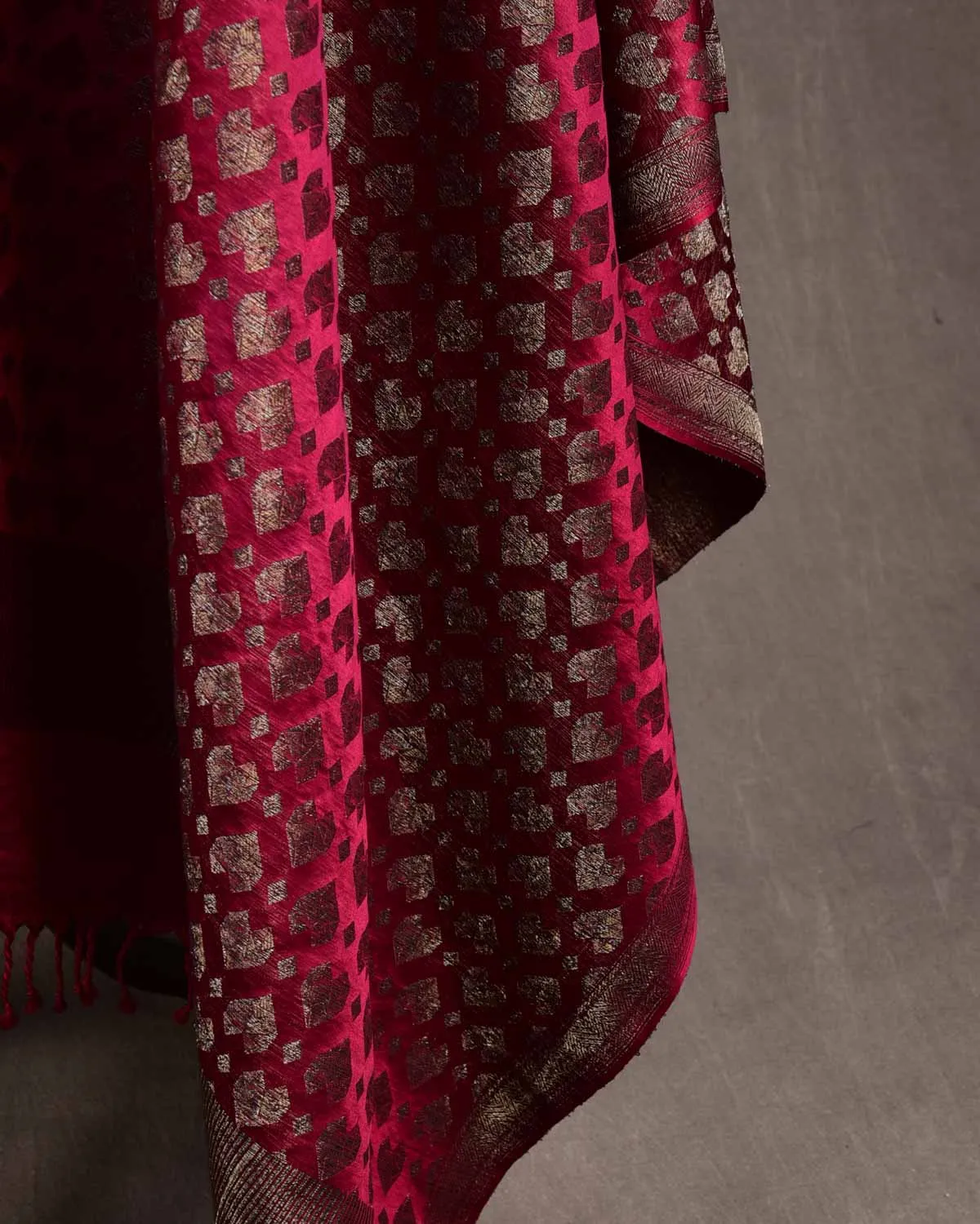 Magenta Gold & Silver Zari Diamond Hearts Satin Brocade Handwoven Silk Wool Unisex Dress Shawl