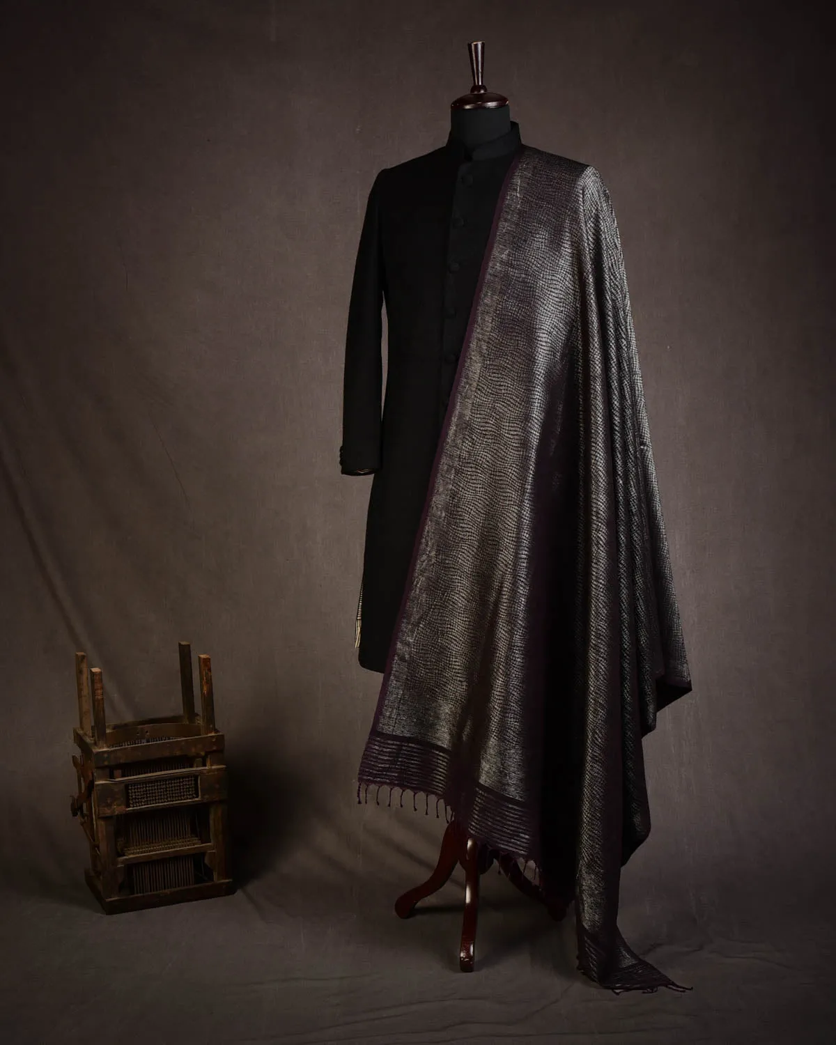 Mahogany Banarasi Silver Zari Distressed Python Stripes Brocade Handwoven Silk Wool Unisex Dress Shawl