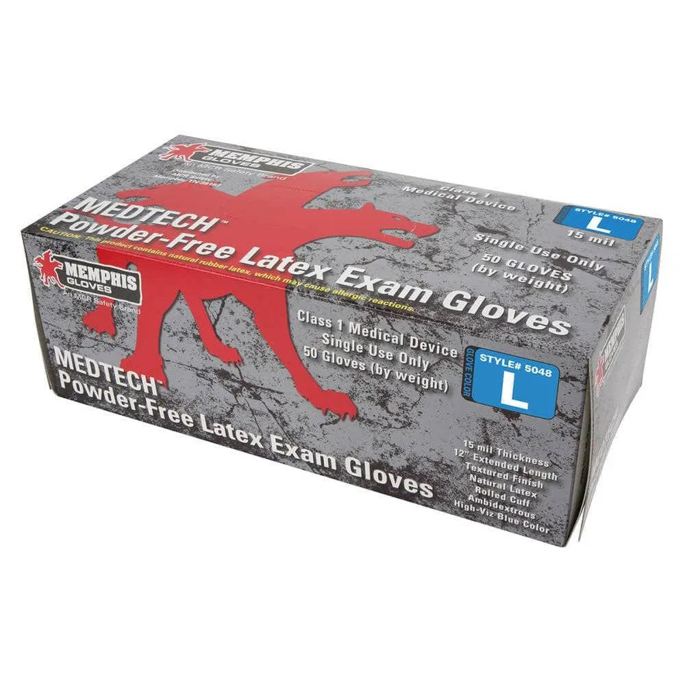 MCR MedTech Disposable Gloves, Blue Latex, Medical Grade, Powder Free, 15-Mil (Box 50)
