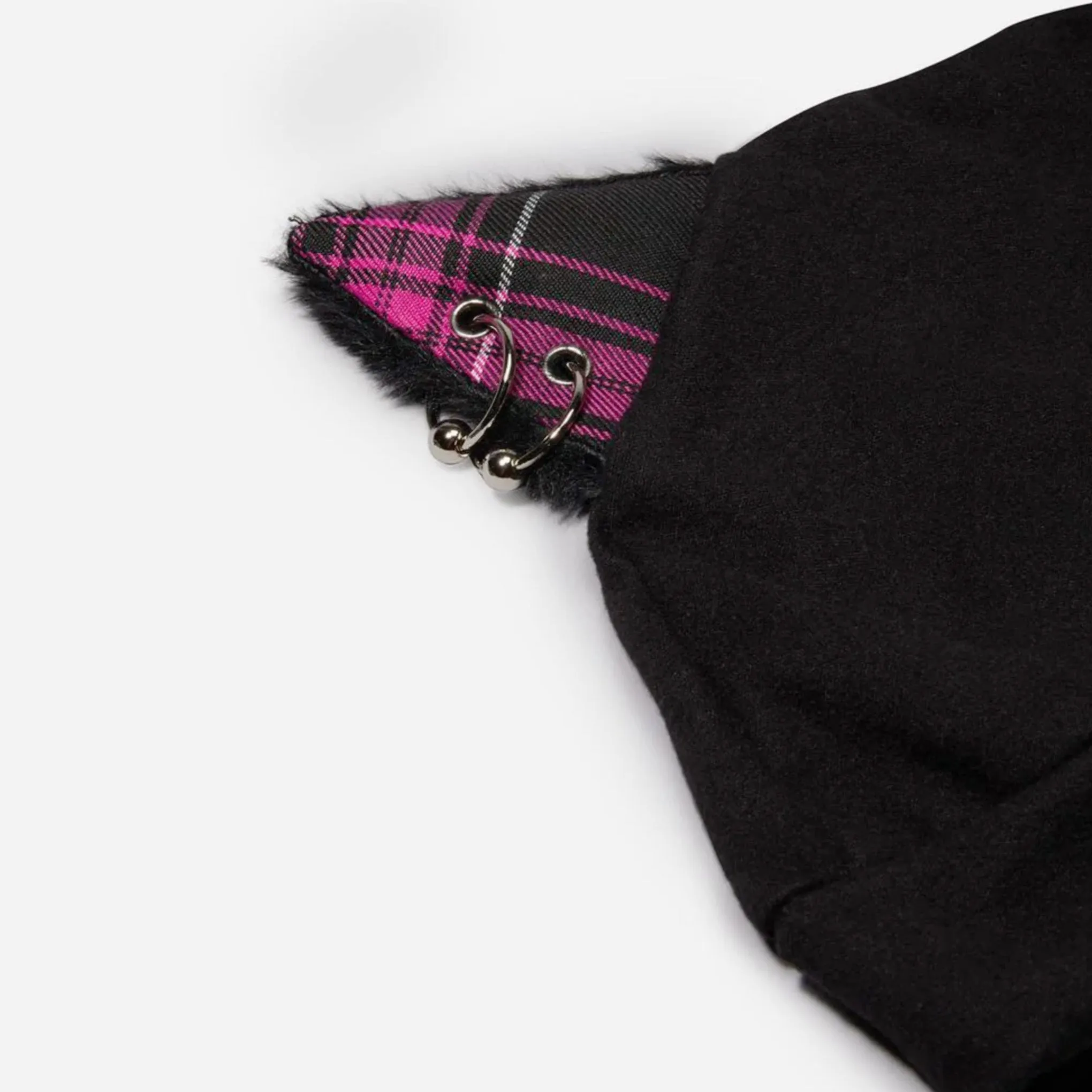 Pierced Kitty Beanie | Black Slouchy Knit Plaid Cat Ears Faux Fur Trim