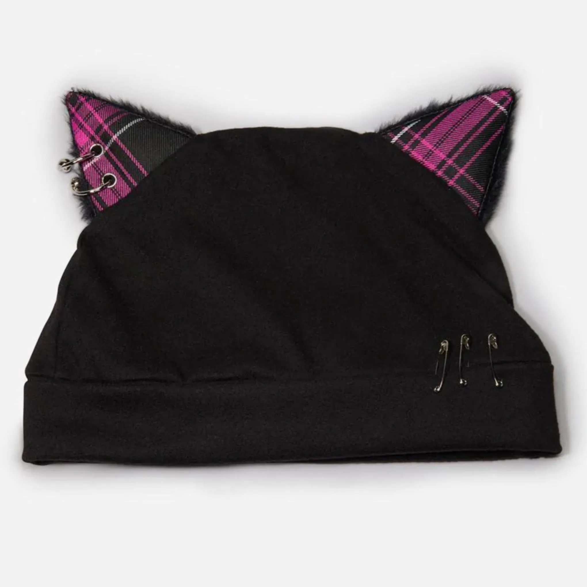 Pierced Kitty Beanie | Black Slouchy Knit Plaid Cat Ears Faux Fur Trim