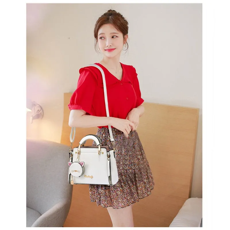 Vvsha  Summer Women Bag Side 2023 New Pu Leather Cute Cat Totes Design Ladies Shoulder Purse & Handbag Sweet White Shoulder