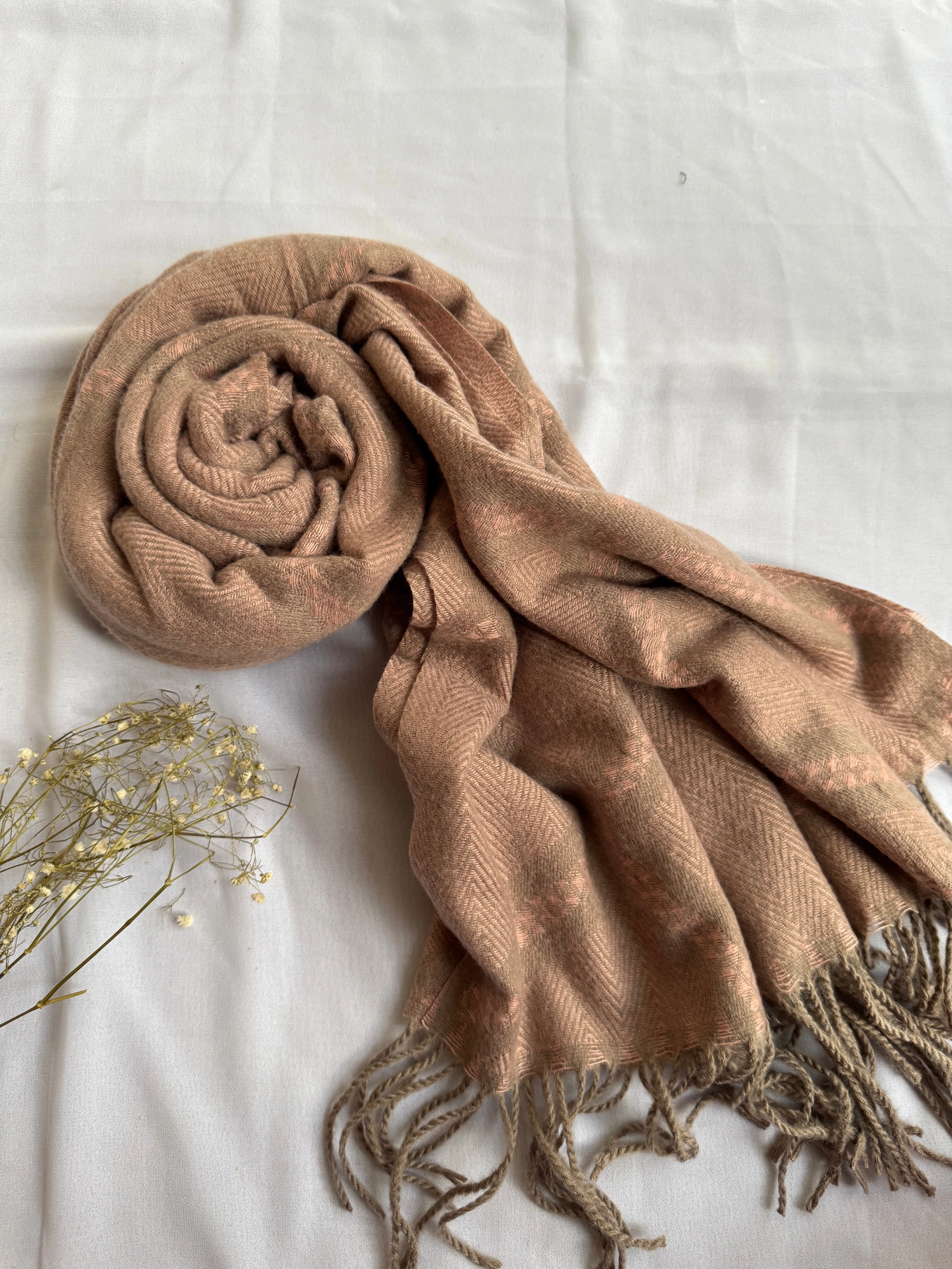 Woolen Pashmina-Criss Cross Print-Pink Brown