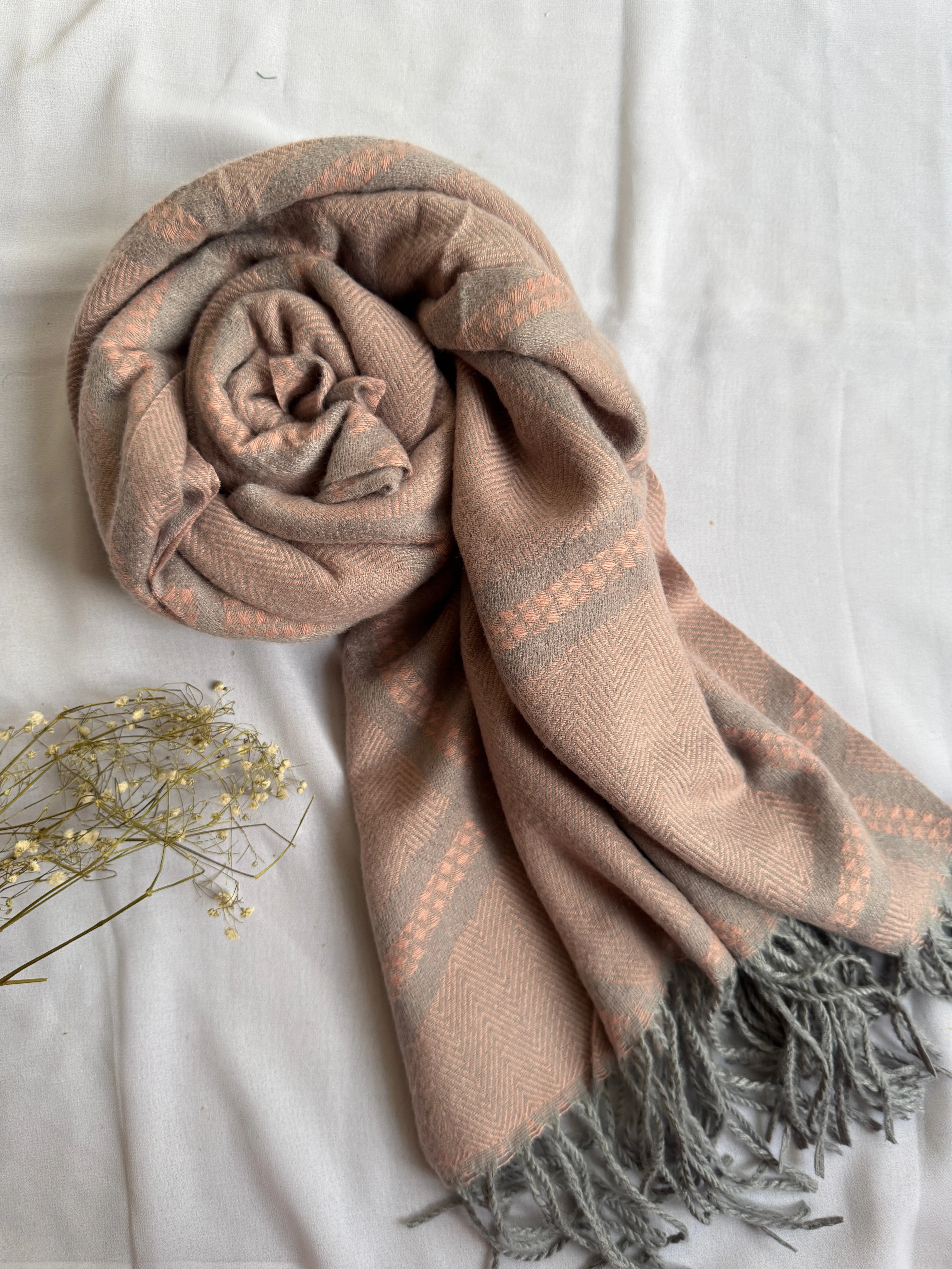 Woolen Pashmina-Criss Cross Print-Pink Denim