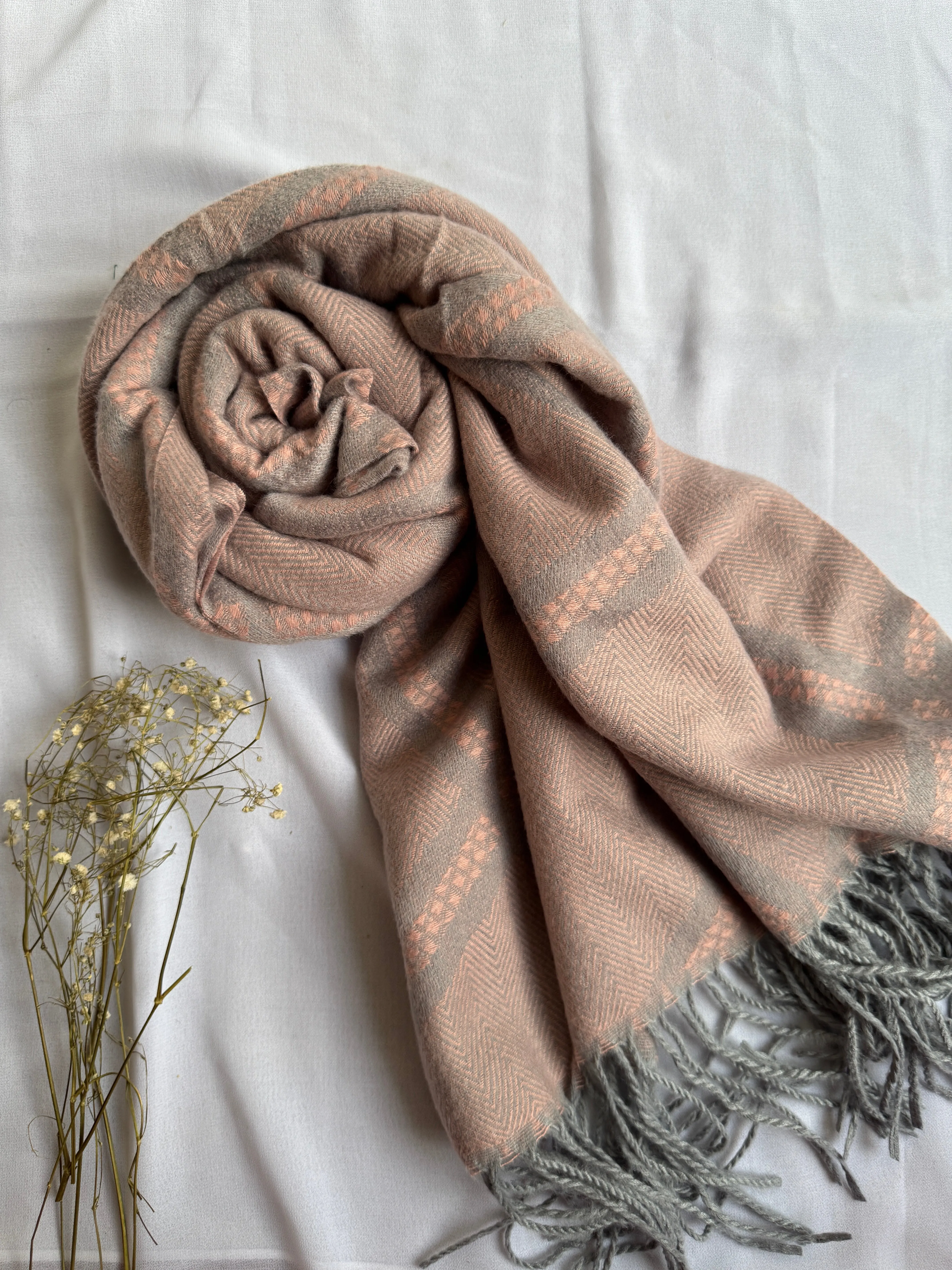 Woolen Pashmina-Criss Cross Print-Pink Denim